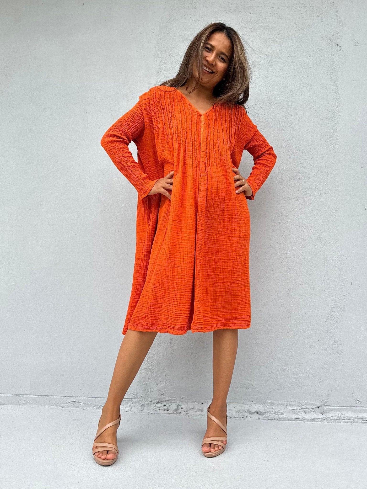 tangerine orange dress Double Gauze Cotton in Maxi dresses A front Material:Feather publication-list:A113| WILD BLOOMS - Halter