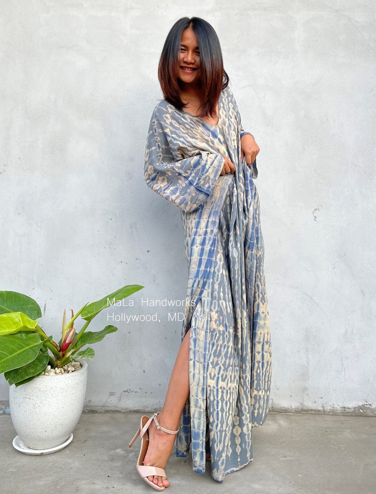 Mala Kaftan in Gray with Blue Tie Dye