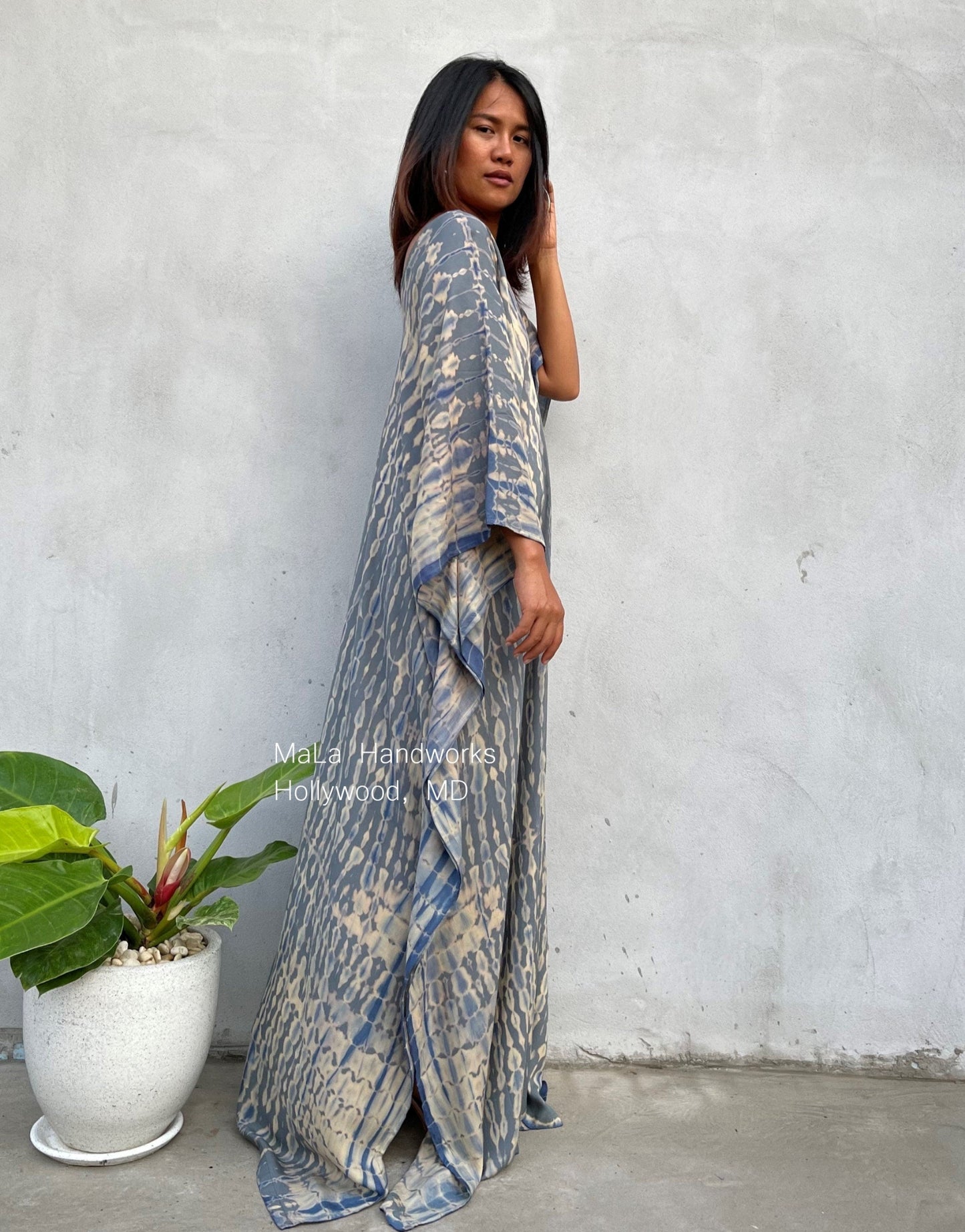 Mala Kaftan in Gray with Blue Tie Dye