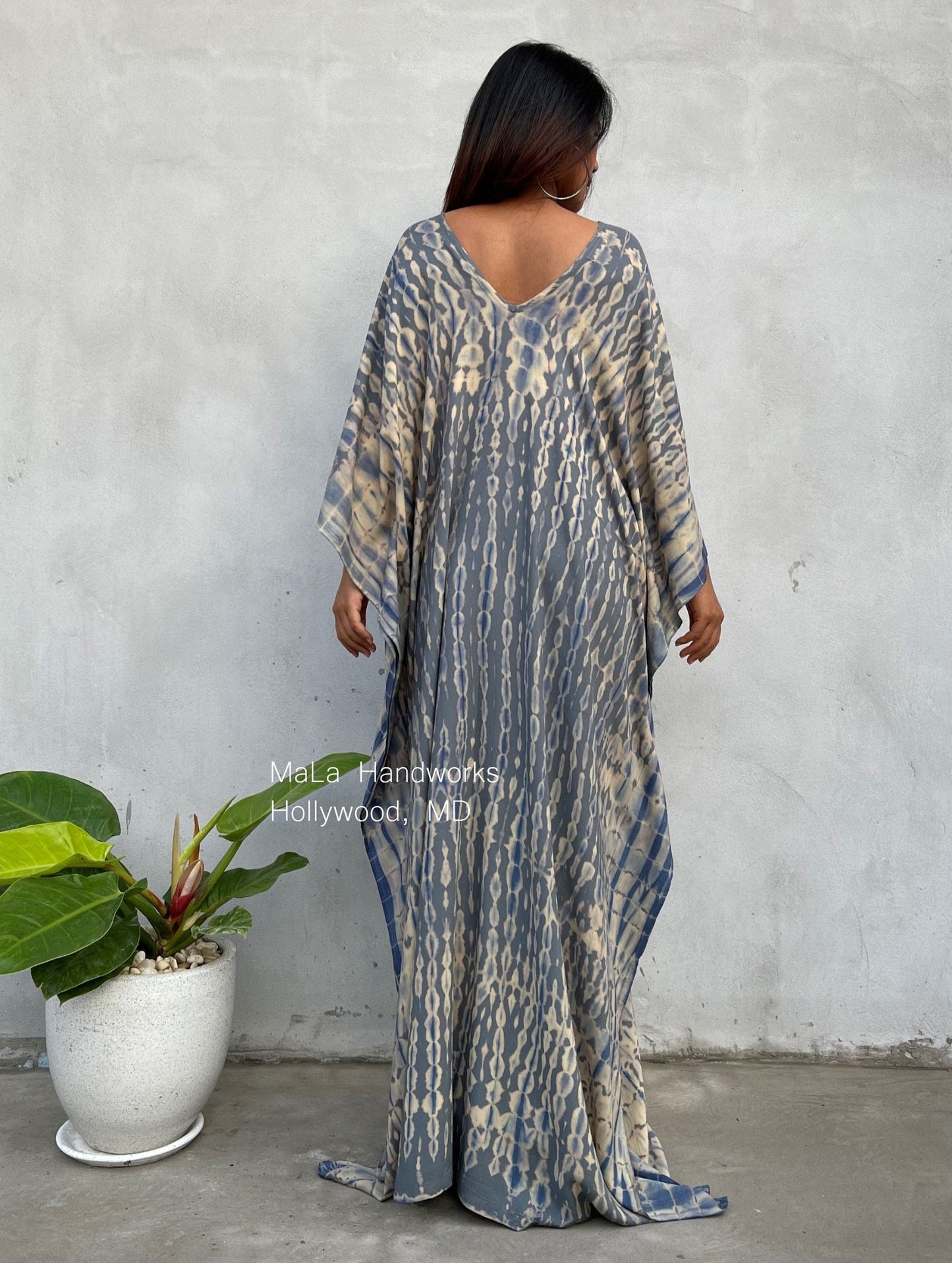 Mala Kaftan in Gray with Blue Tie Dye