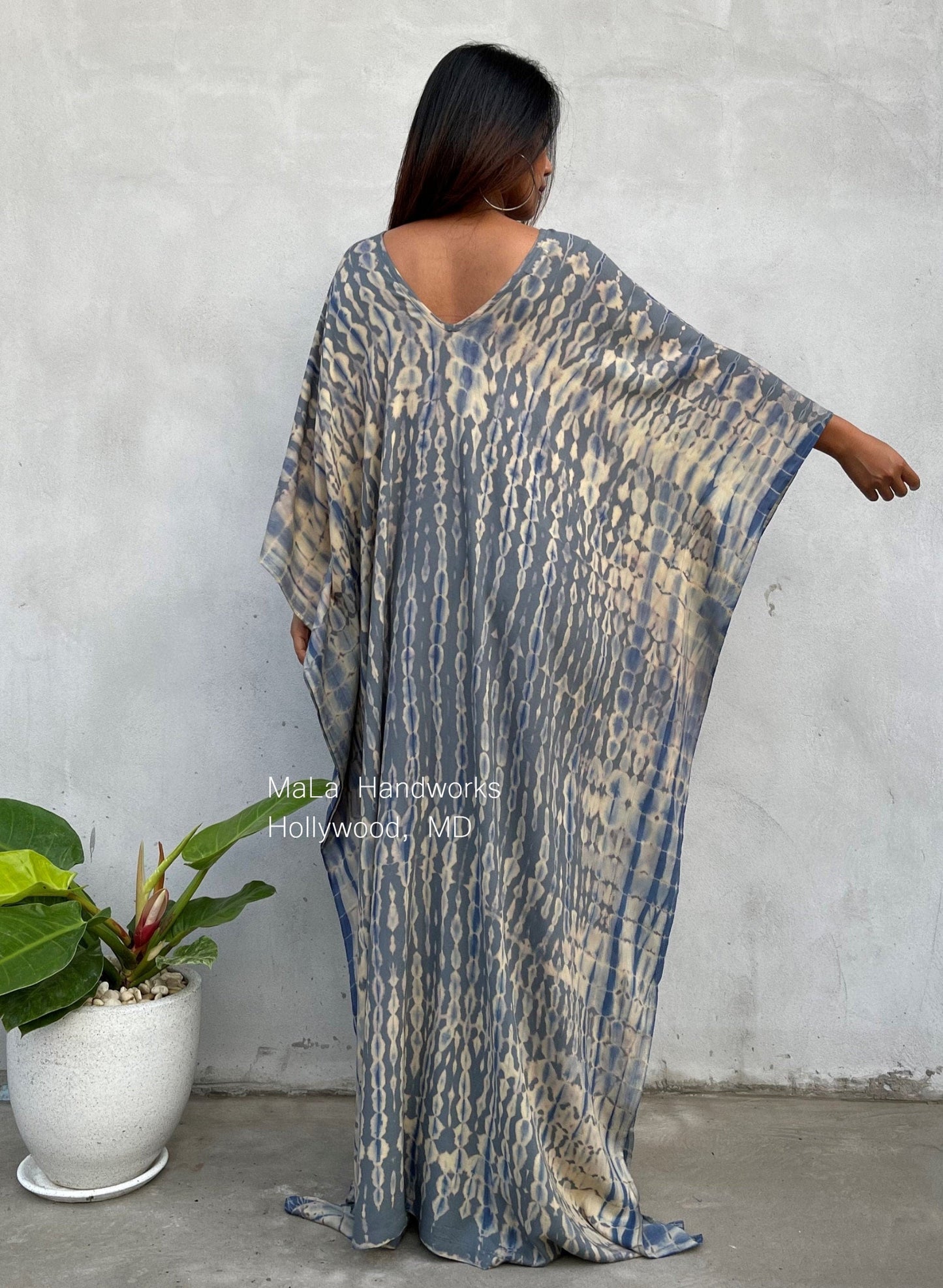 Mala Kaftan in Gray with Blue Tie Dye