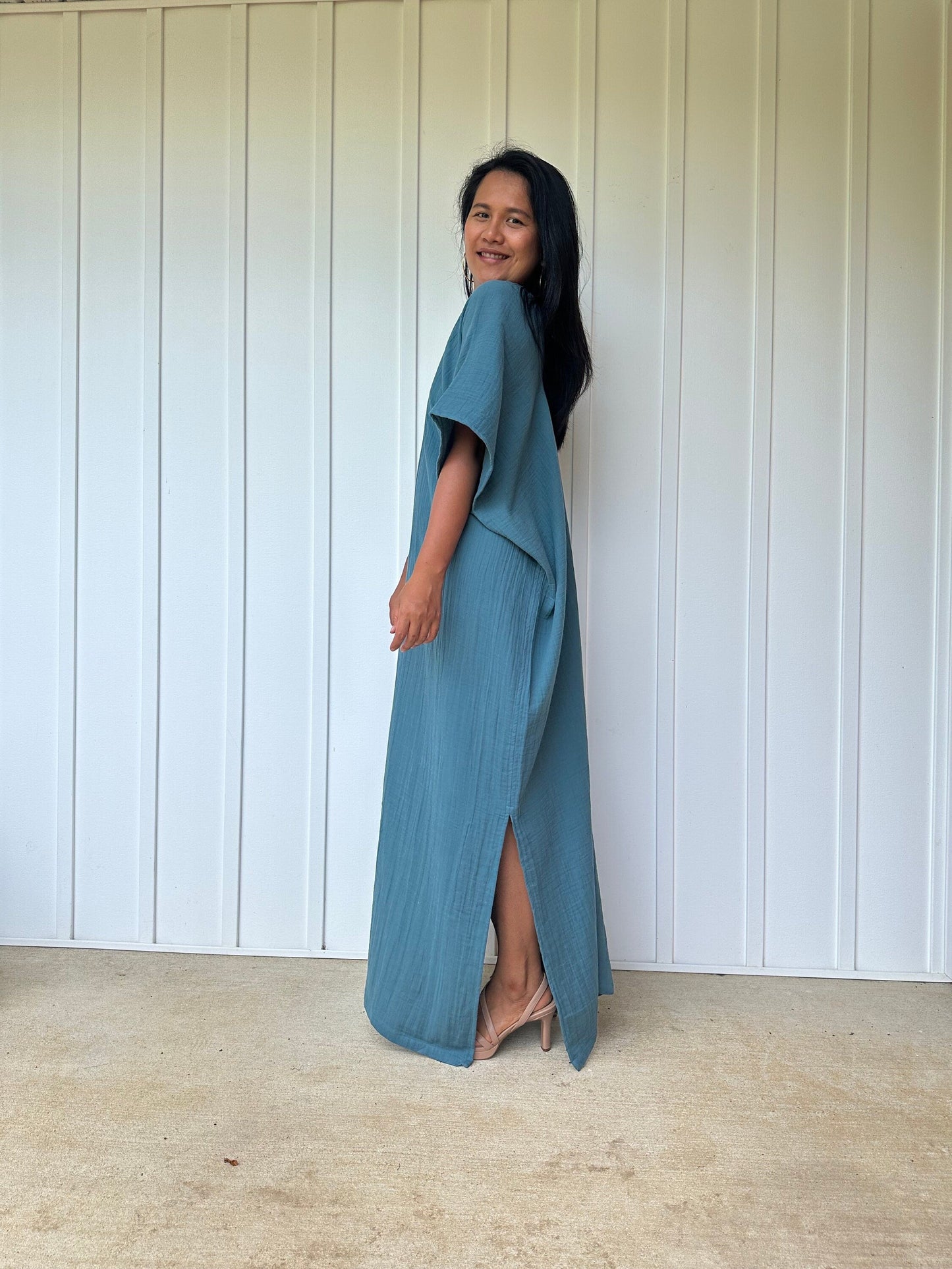 Gloria Double Gauze Cotton Kaftan in Teal Blue