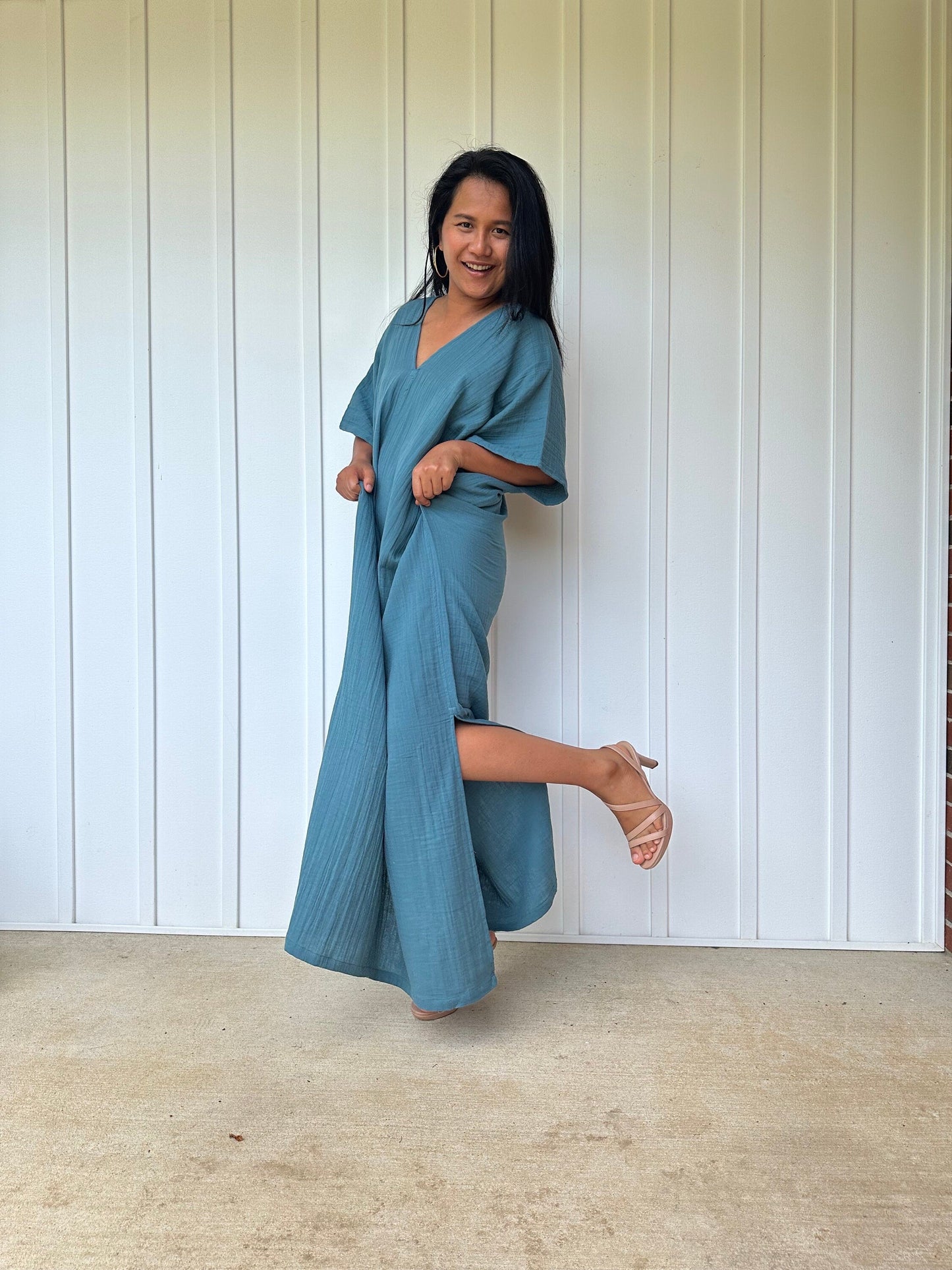 Gloria Double Gauze Cotton Kaftan in Teal Blue