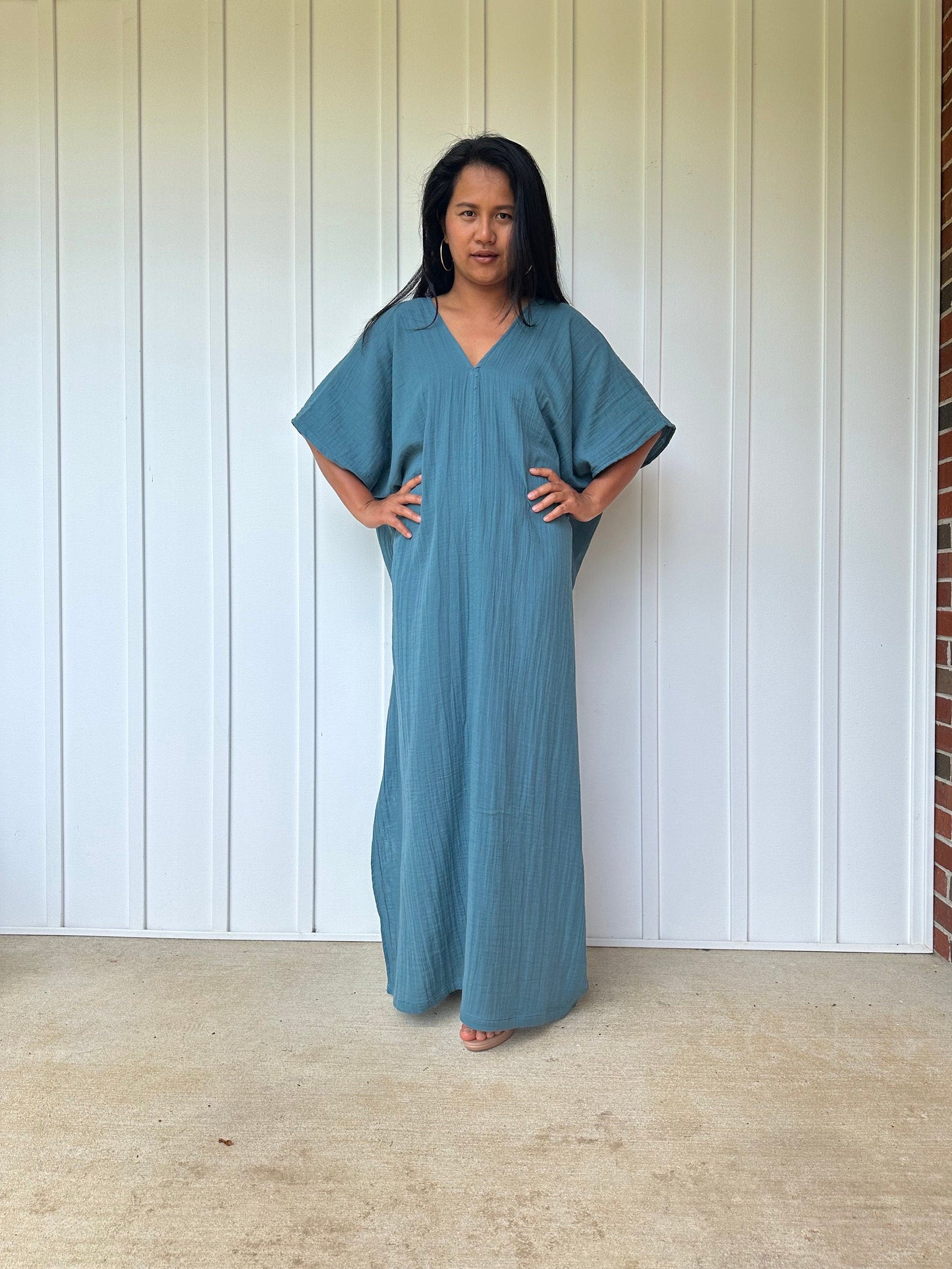 Gloria Double Gauze Cotton Kaftan in Teal Blue