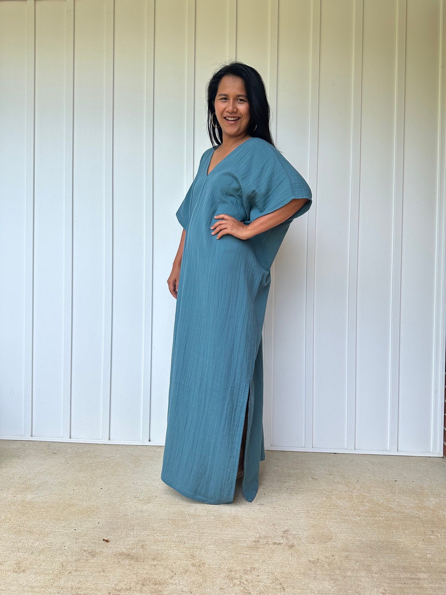 Gloria Double Gauze Cotton Kaftan in Teal Blue