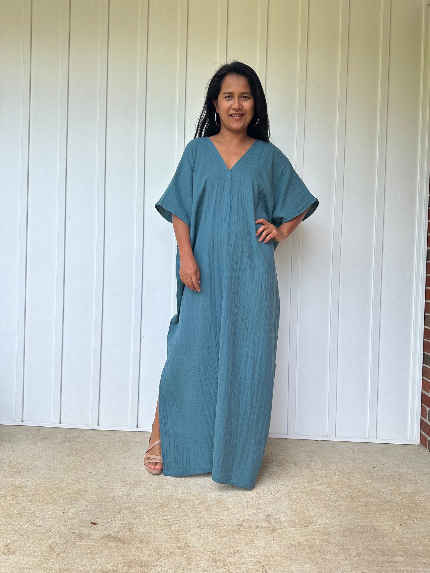 Gloria Double Gauze Cotton Kaftan in Teal Blue