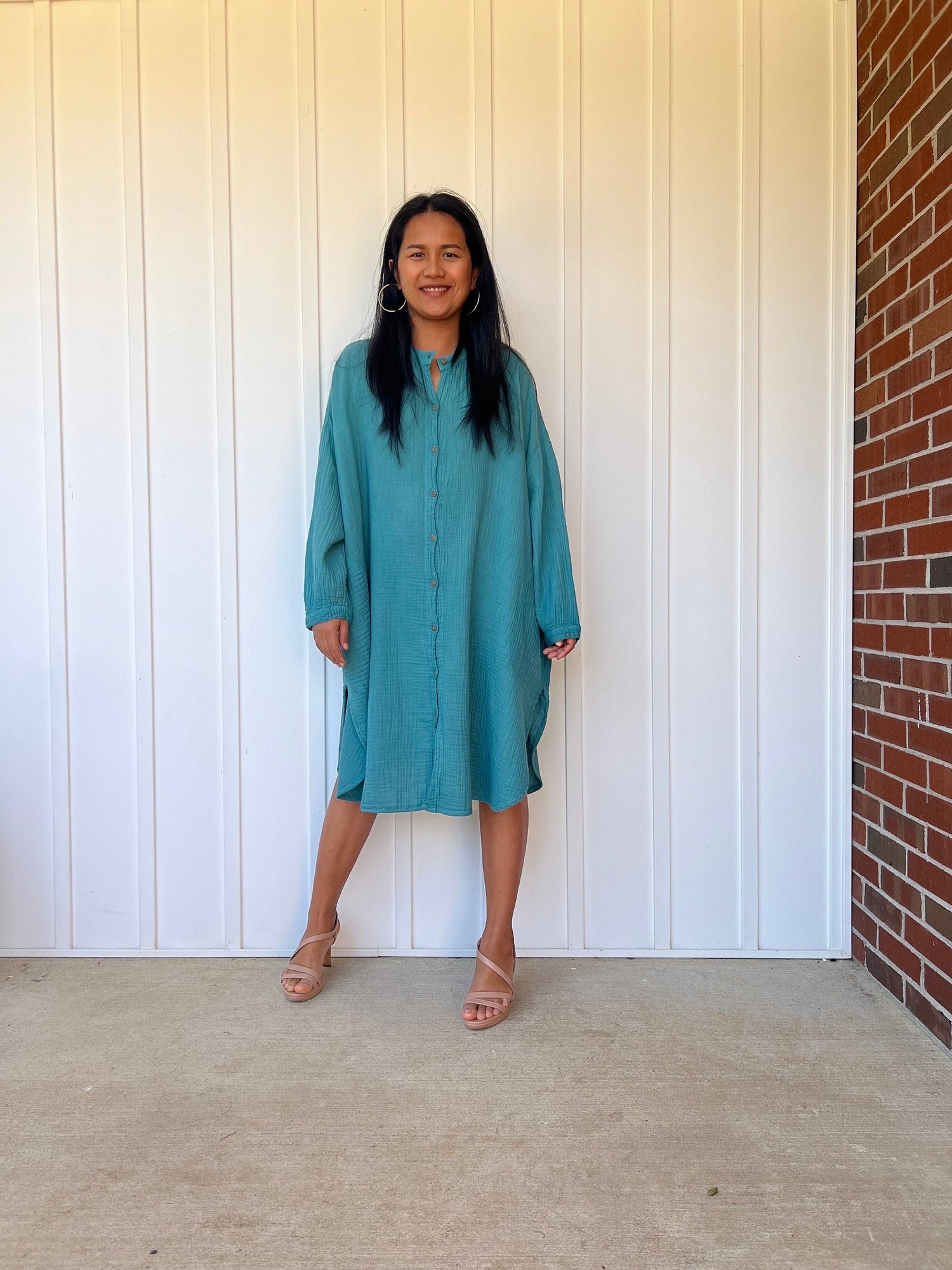 Aura Midi Double Gauze Cotton Shirt Dress in Turqoise