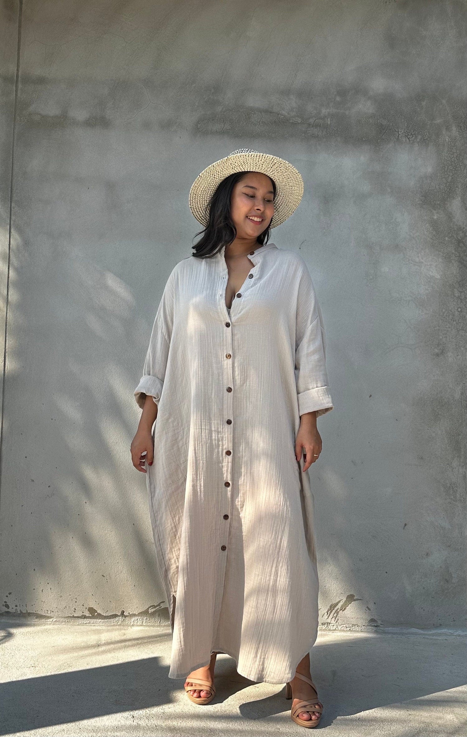 Aura Double Gauze Cotton Maxi Shirt Dress in Beige