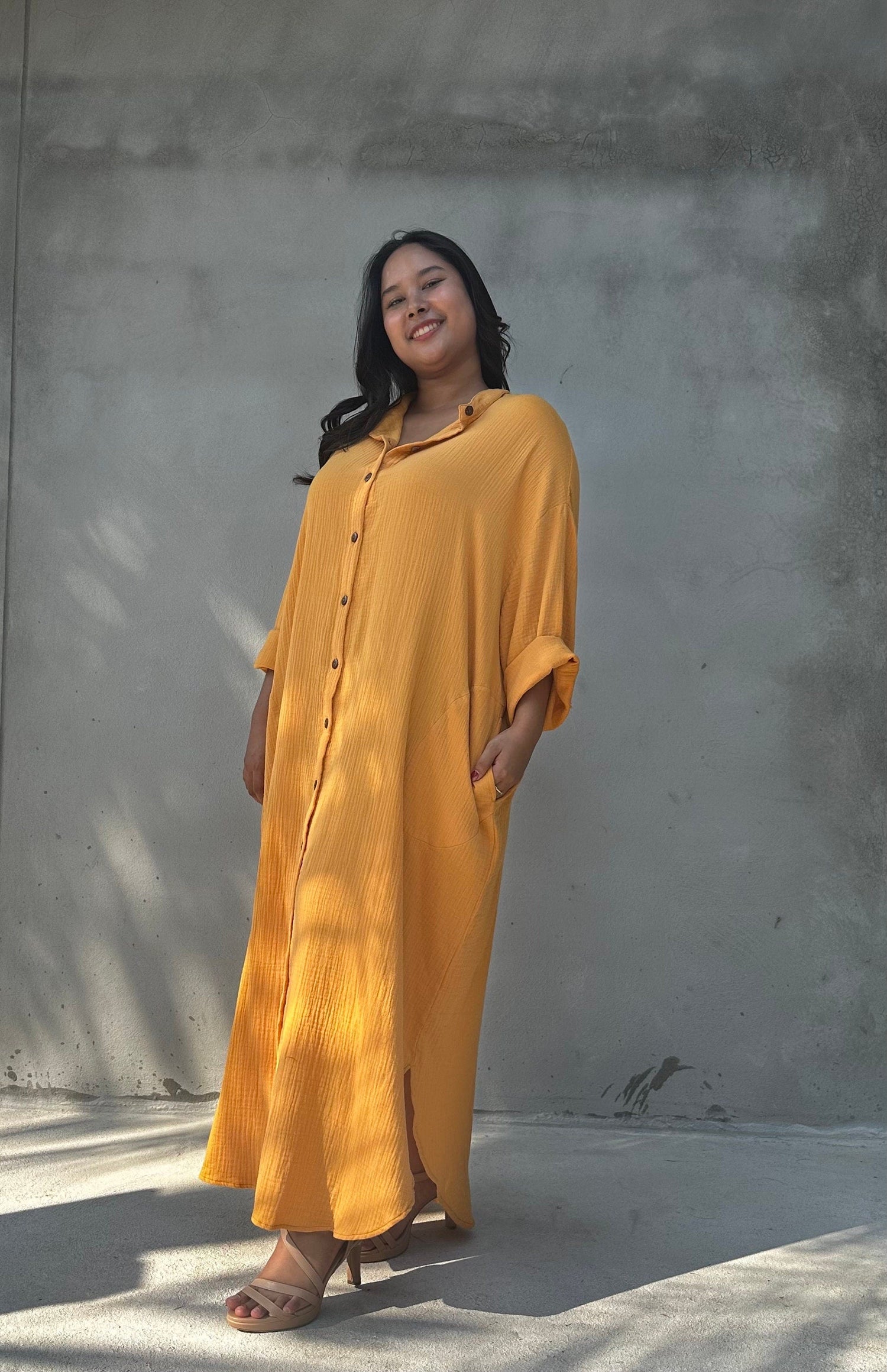 Aura Double Gauze Cotton Maxi Shirt Dress in Mango Yellow