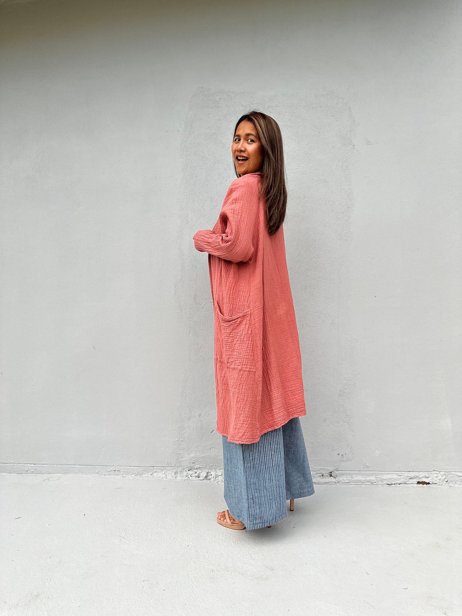Yara Open Cotton Cardigan in Salmon