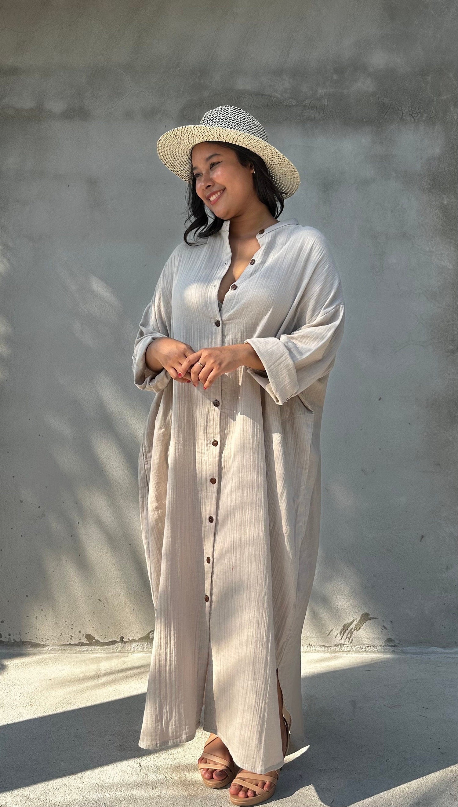 Aura Double Gauze Cotton Maxi Shirt Dress in Beige