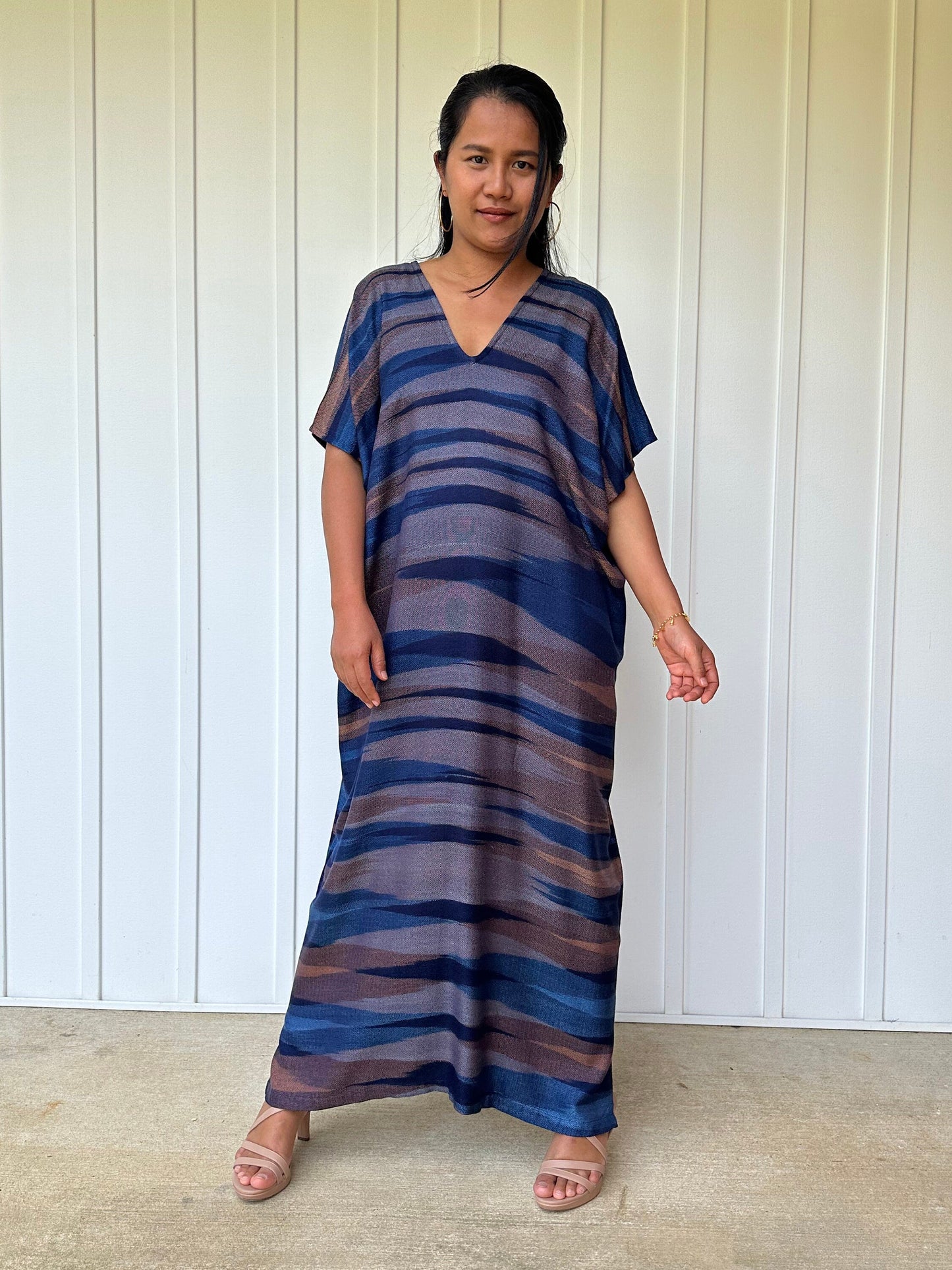 Ikat Hand Woven Pattern Kaftan in Indigo Blue