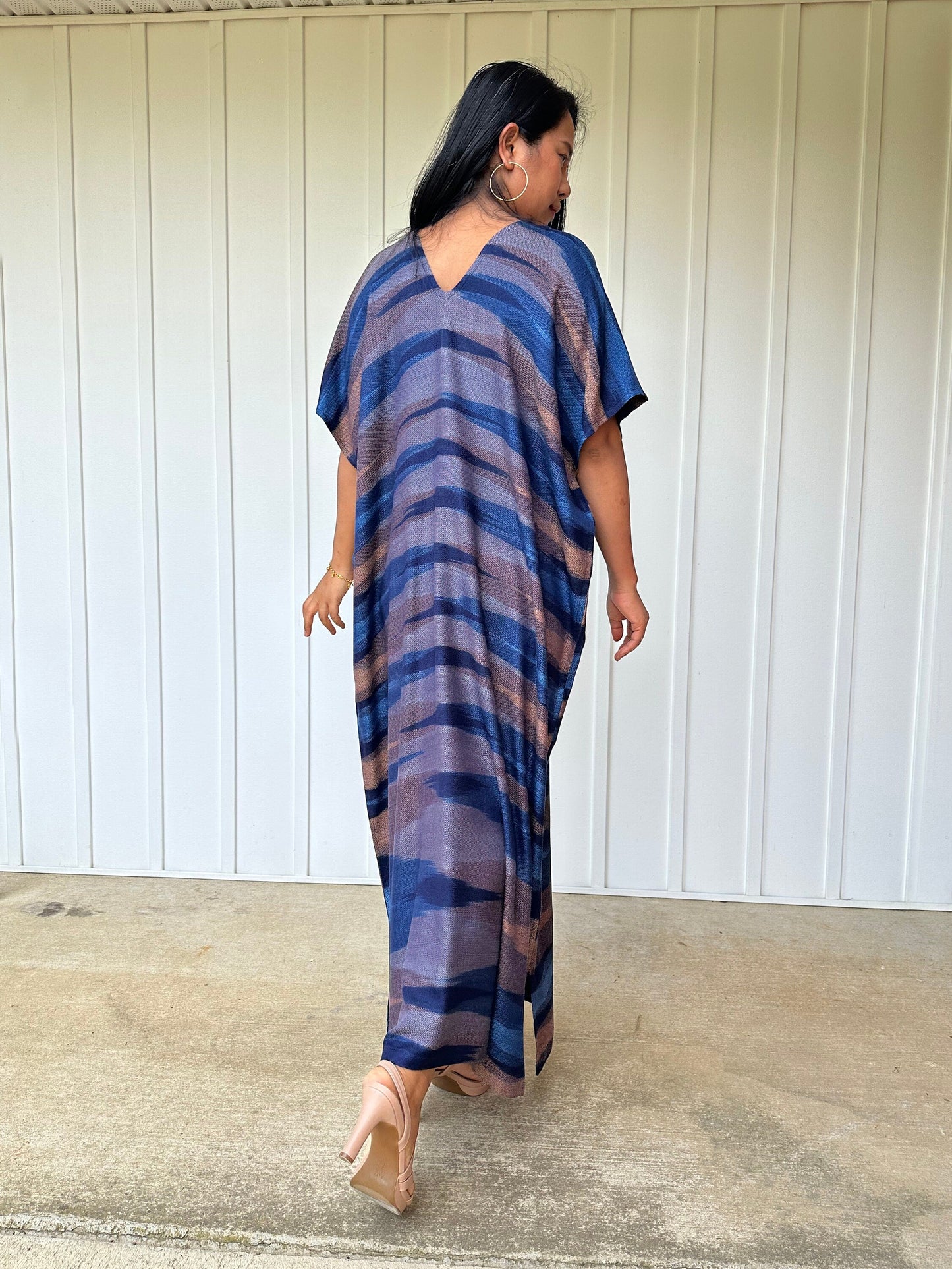 Ikat Hand Woven Pattern Kaftan in Indigo Blue