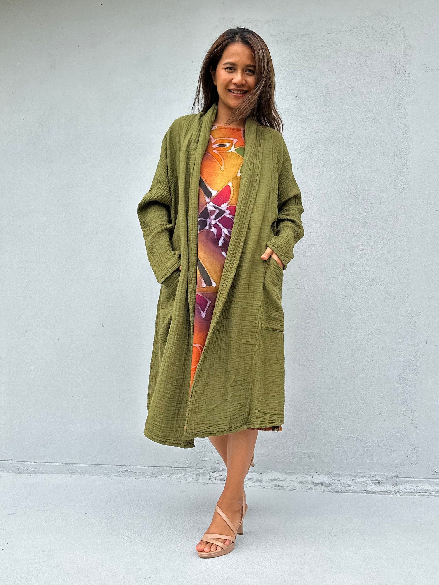 Yara Open Cotton Cardigan in Olive Green