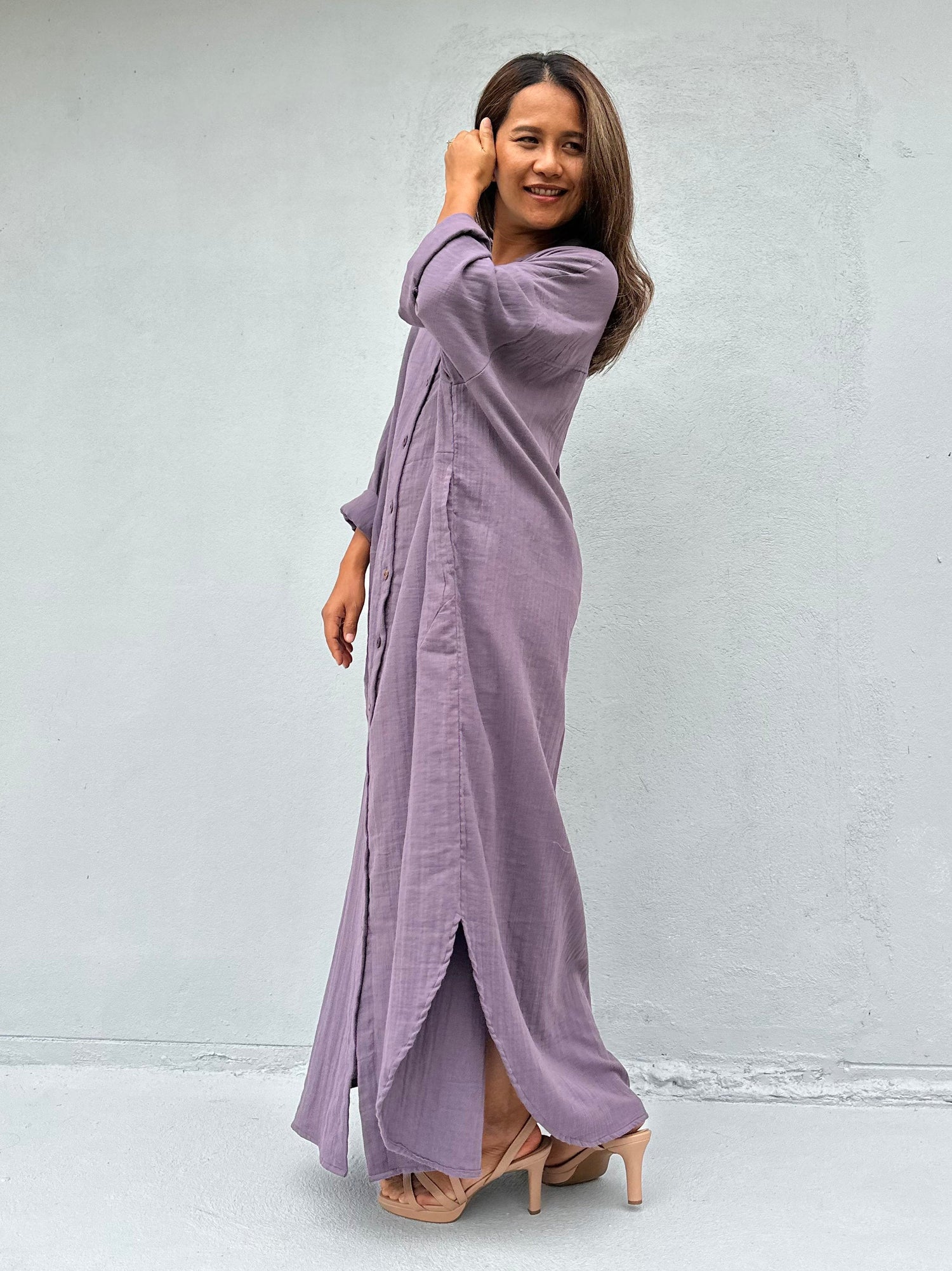 Aura Double Gauze Cotton Maxi Shirt Dress in Lavender