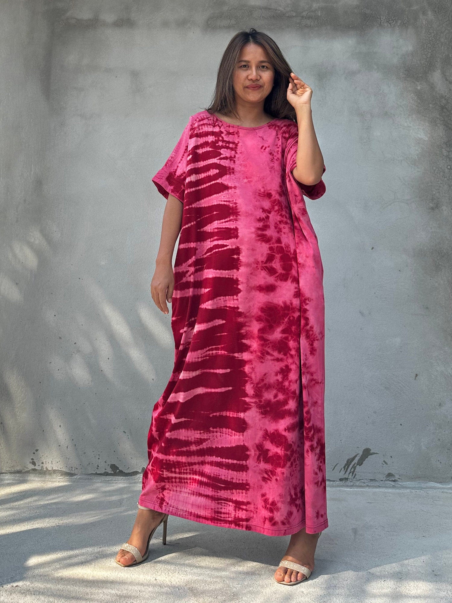 Alice Jersey Cotton Kaftan in Red and Pink Tie Dye