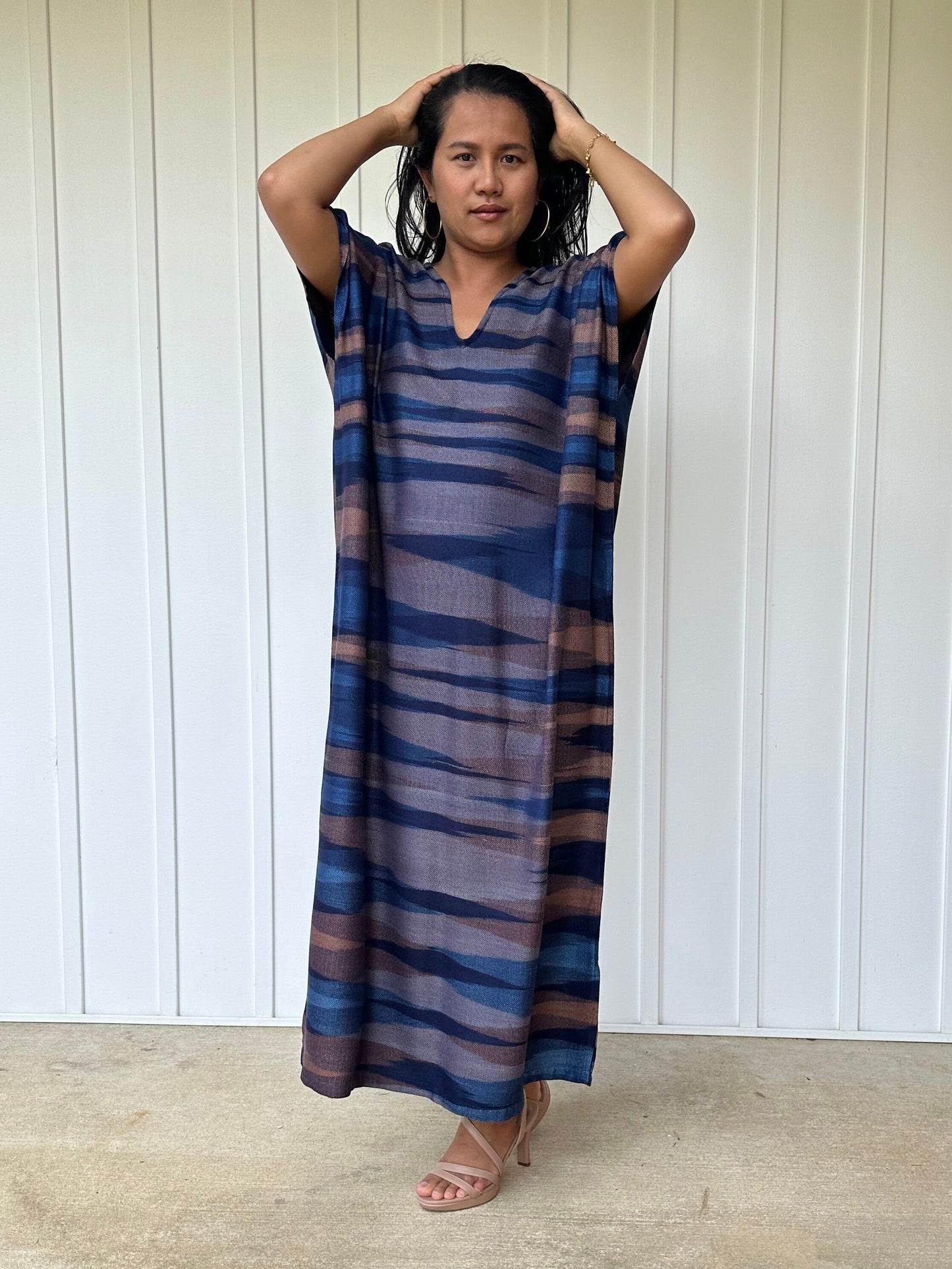 Ikat Hand Woven Pattern Kaftan in Indigo Blue
