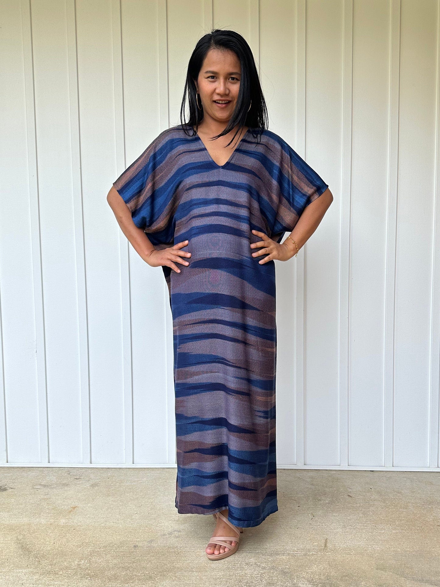 Ikat Hand Woven Pattern Kaftan in Indigo Blue