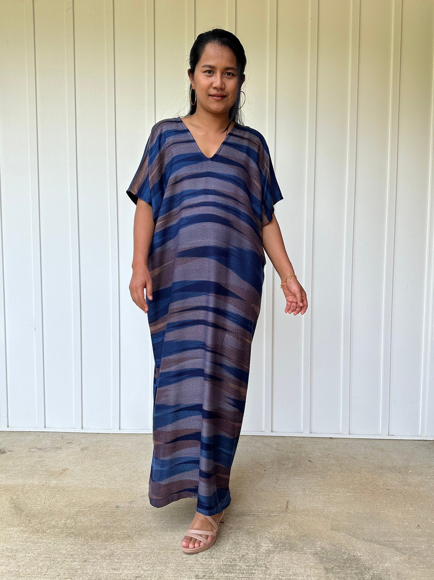 Ikat Hand Woven Pattern Kaftan in Indigo Blue