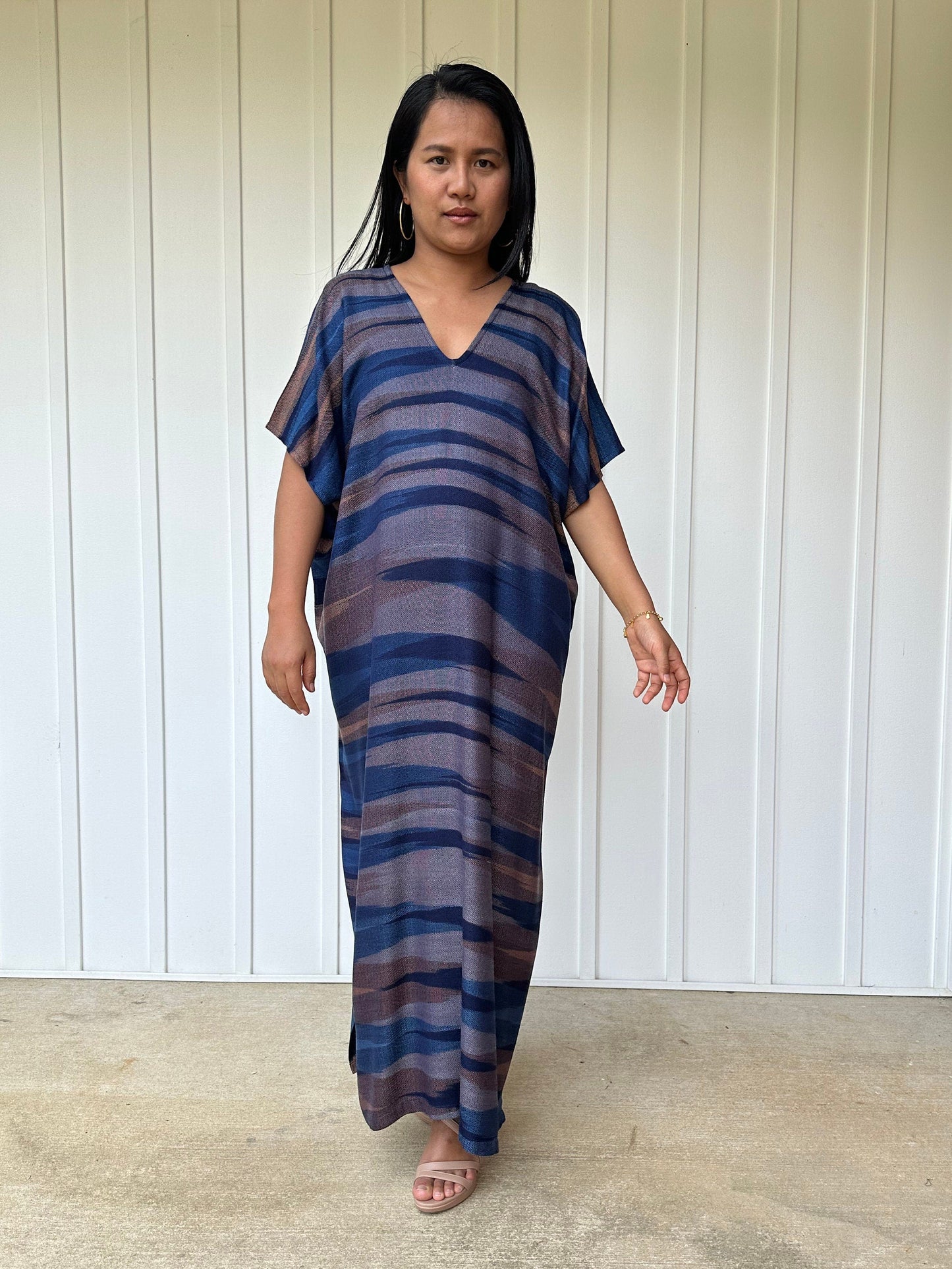 Ikat Hand Woven Pattern Kaftan in Indigo Blue
