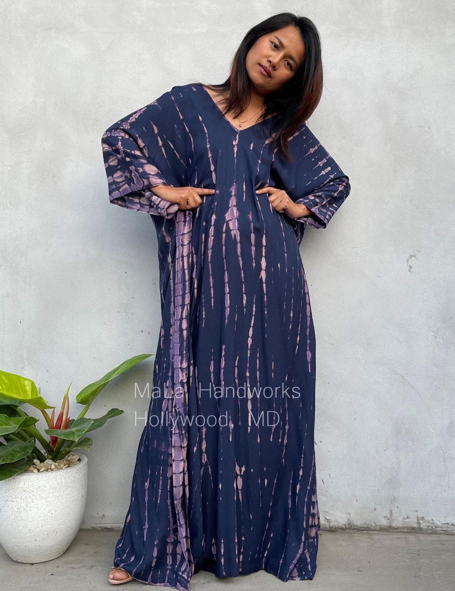 Mala Kaftan in Dark Blue with Purple Tie Dye