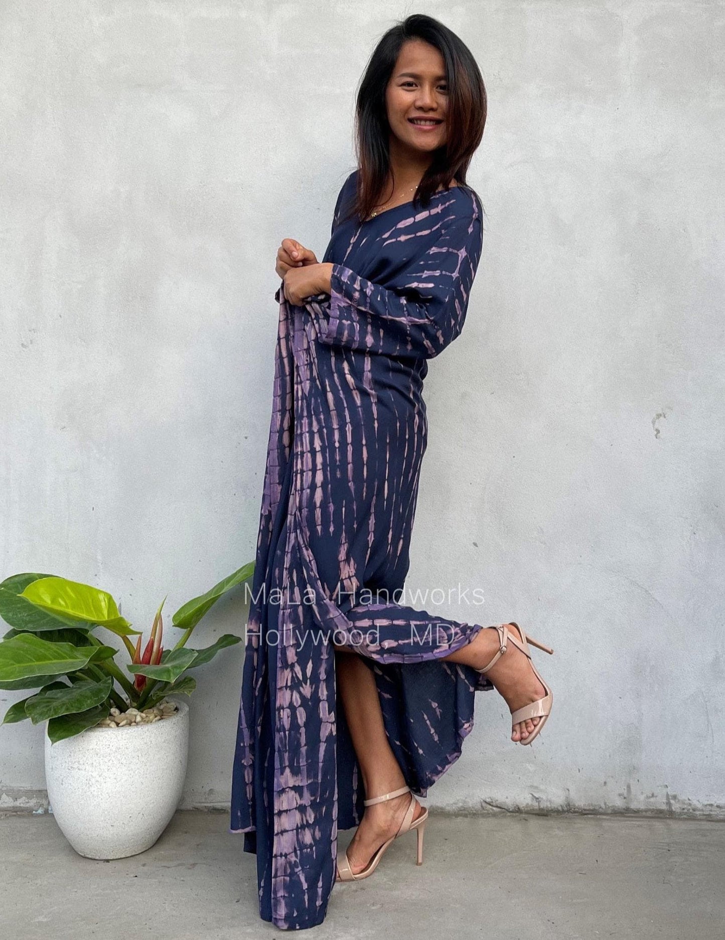 Mala Kaftan in Dark Blue with Purple Tie Dye