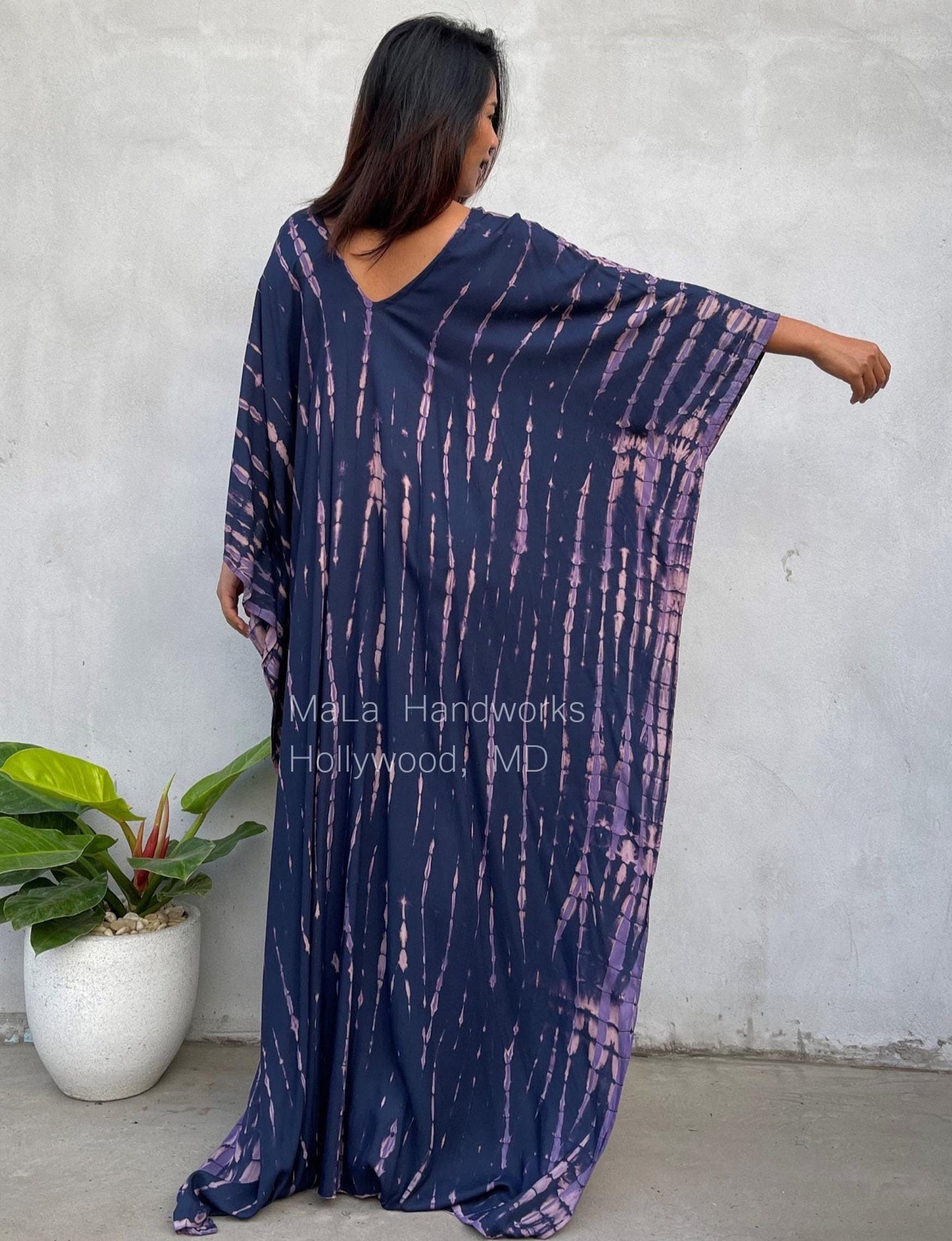 Mala Kaftan in Dark Blue with Purple Tie Dye