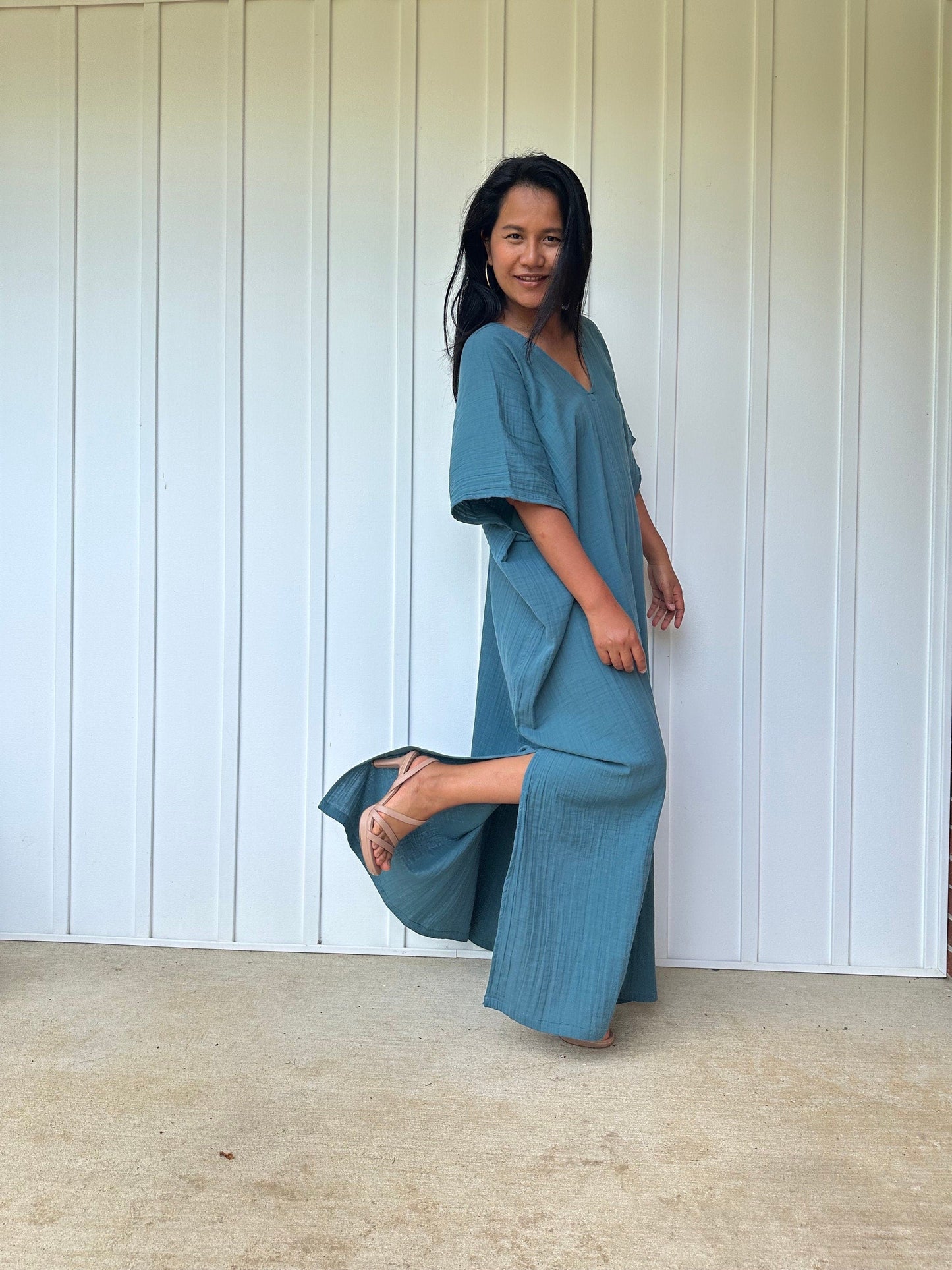 Gloria Double Gauze Cotton Kaftan in Teal Blue