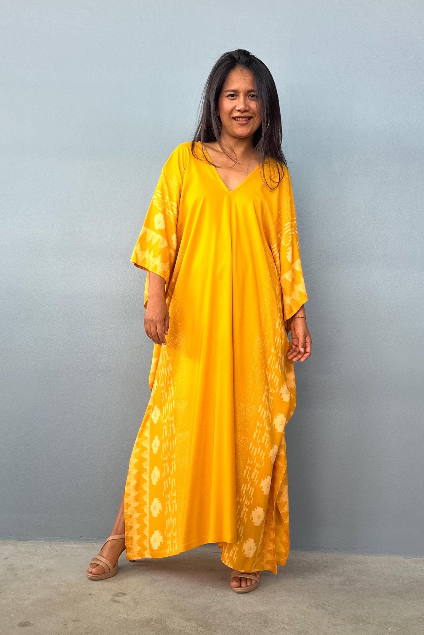 Luna Kaftan in Hand Silkscreened Turmeric Yellow