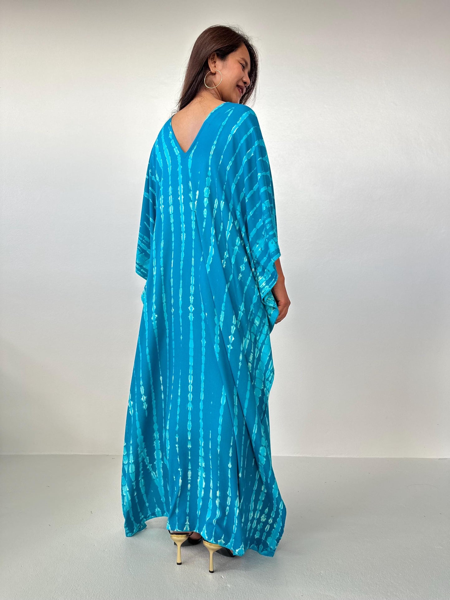 Mala Kaftan in Teal Aqua Blue with off White Tie Dye
