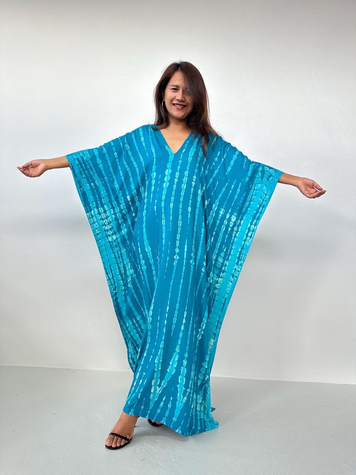 Mala Kaftan in Teal Aqua Blue with off White Tie Dye