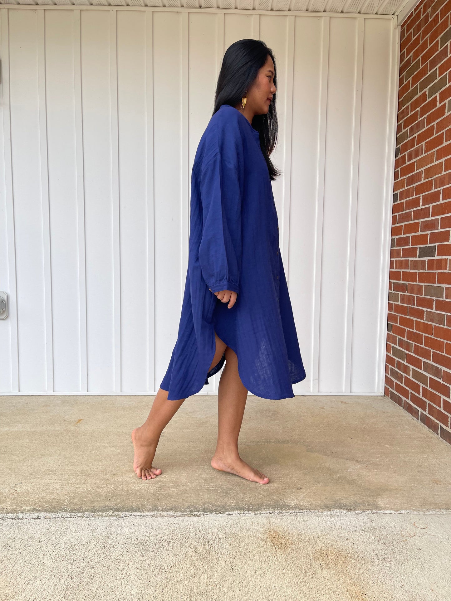 MALA handworks Aura Double Gauze Cotton Midi Shirt Dress in Blue