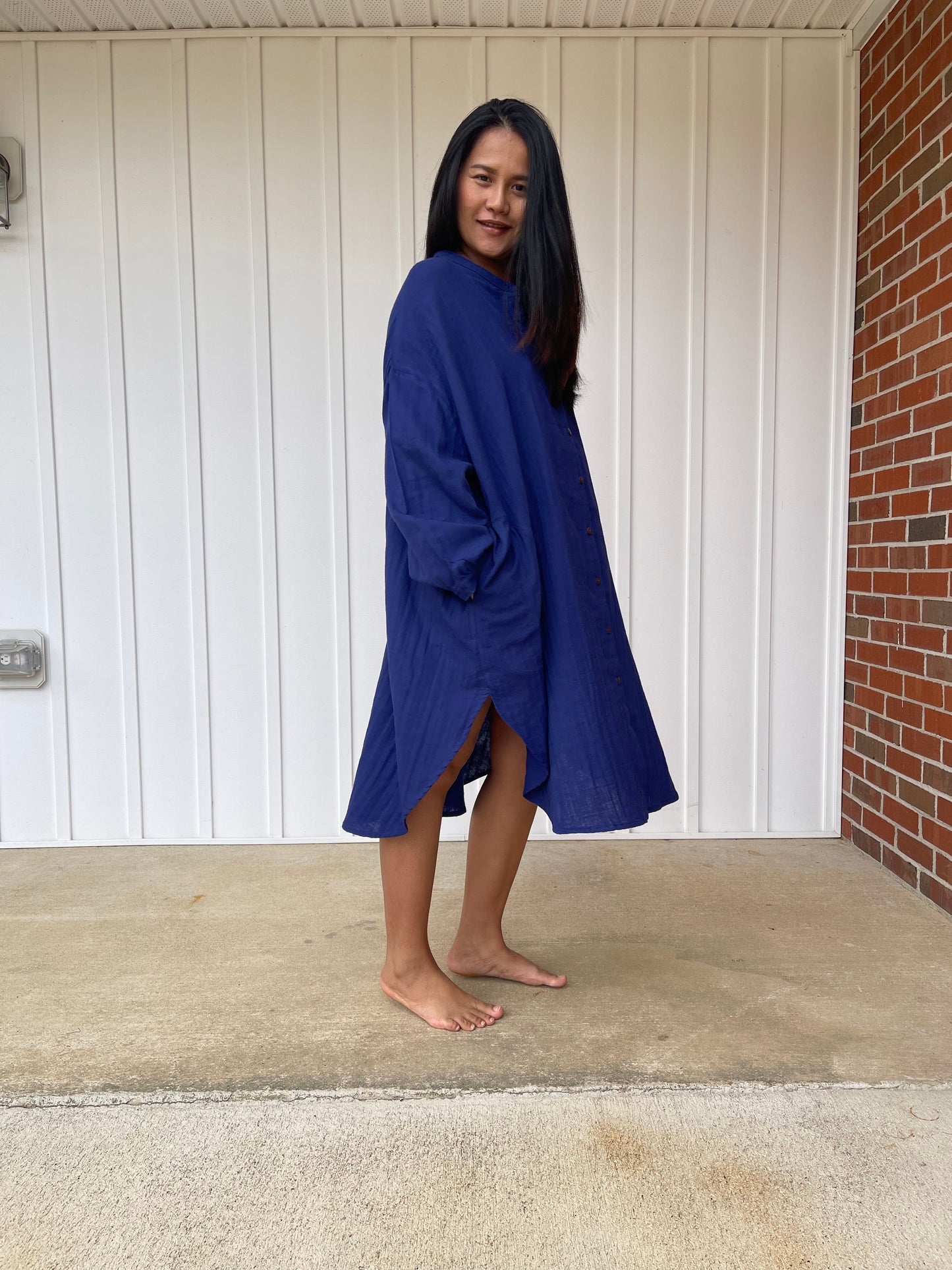 MALA handworks Aura Double Gauze Cotton Midi Shirt Dress in Sapphire Blue 1