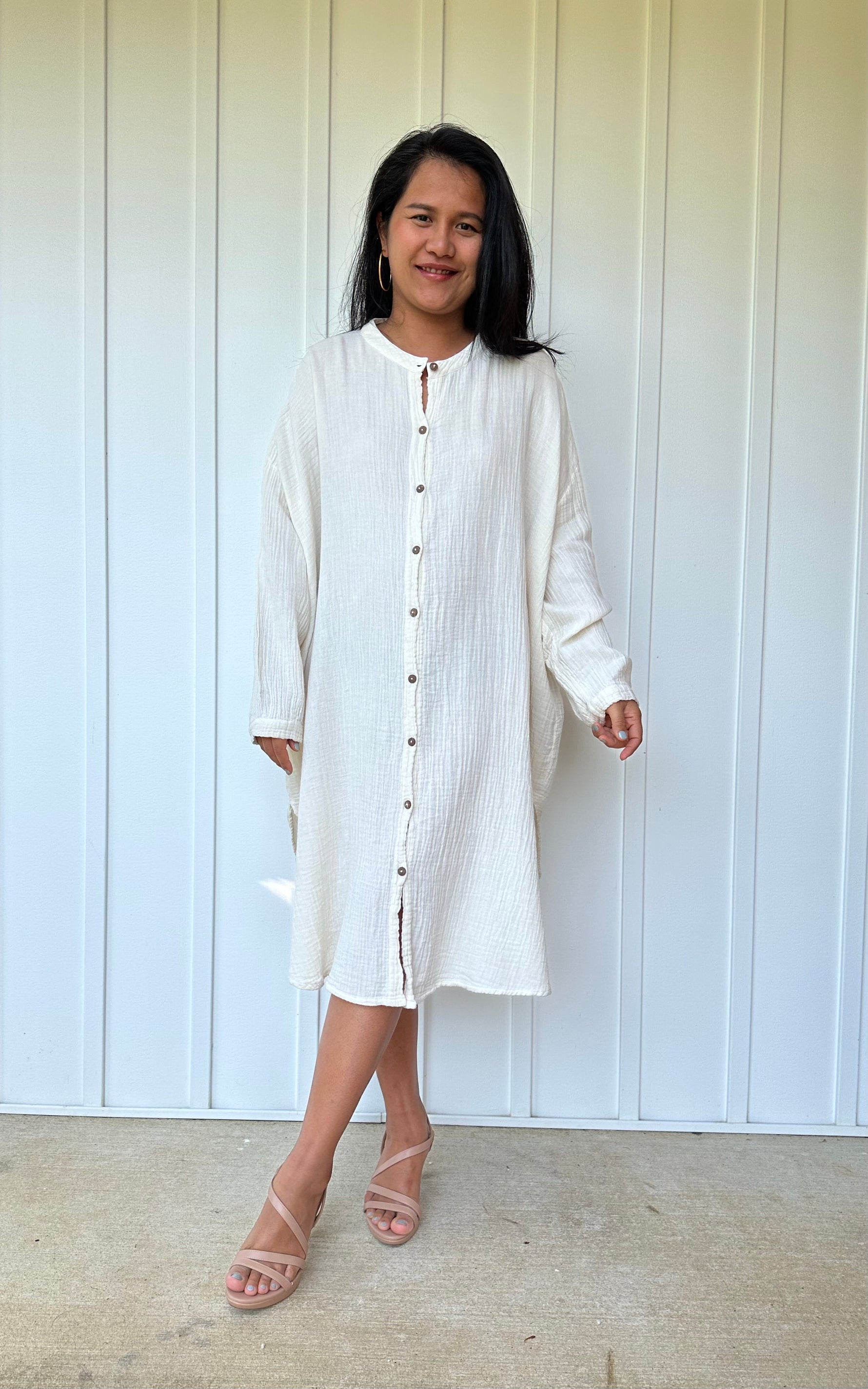MALA handworks Aura Double Gauze Cotton Midi Shirt Dress in White