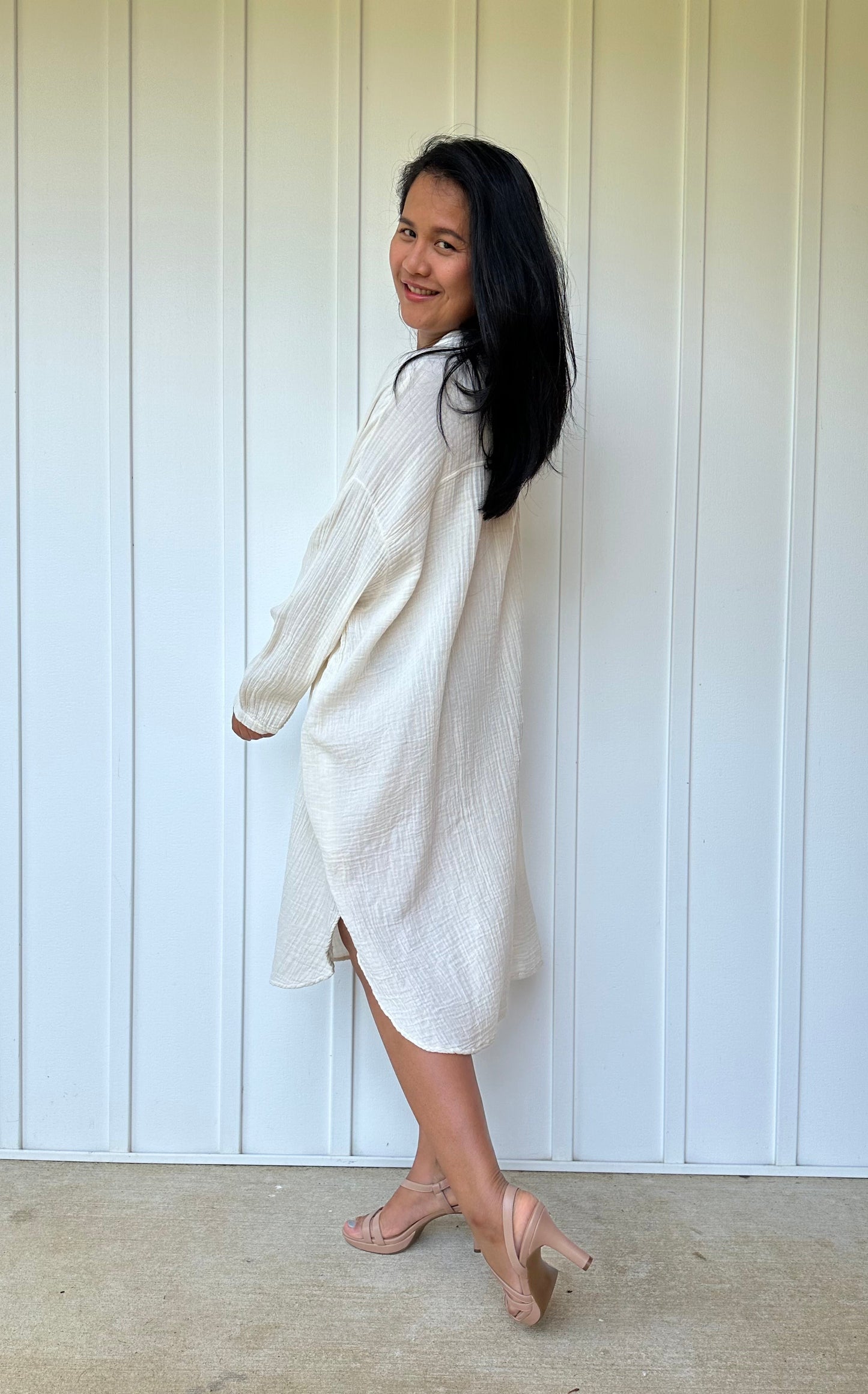 MALA handworks Aura Double Gauze Cotton Midi Shirt Dress in White