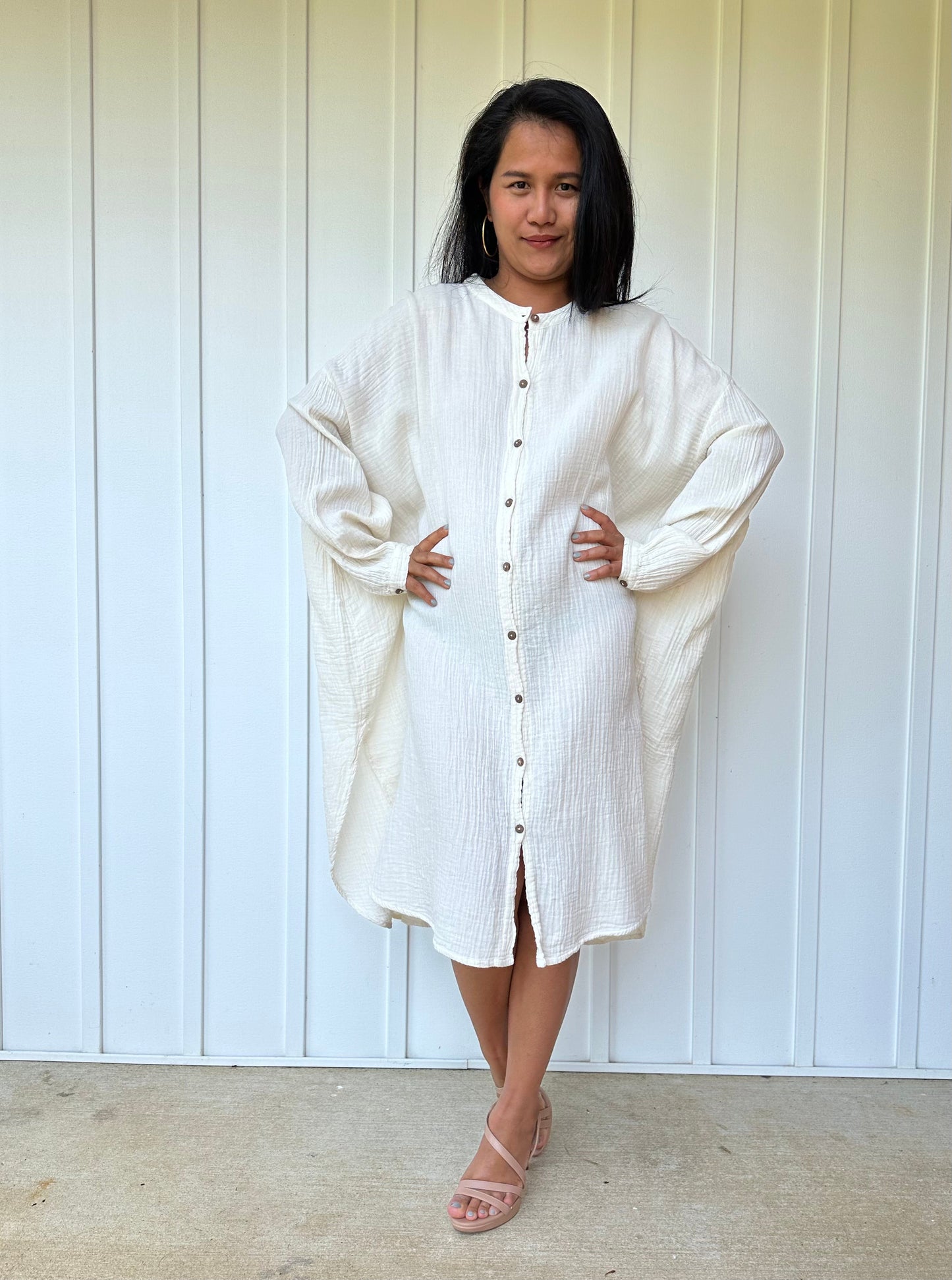 MALA handworks Aura Double Gauze Cotton Midi Shirt Dress in White