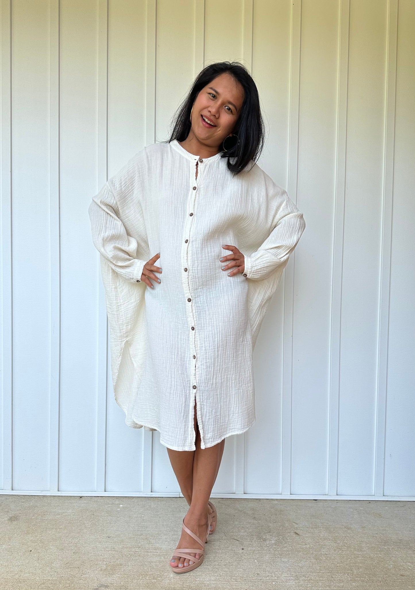 MALA handworks Aura Double Gauze Cotton Midi Shirt Dress in White