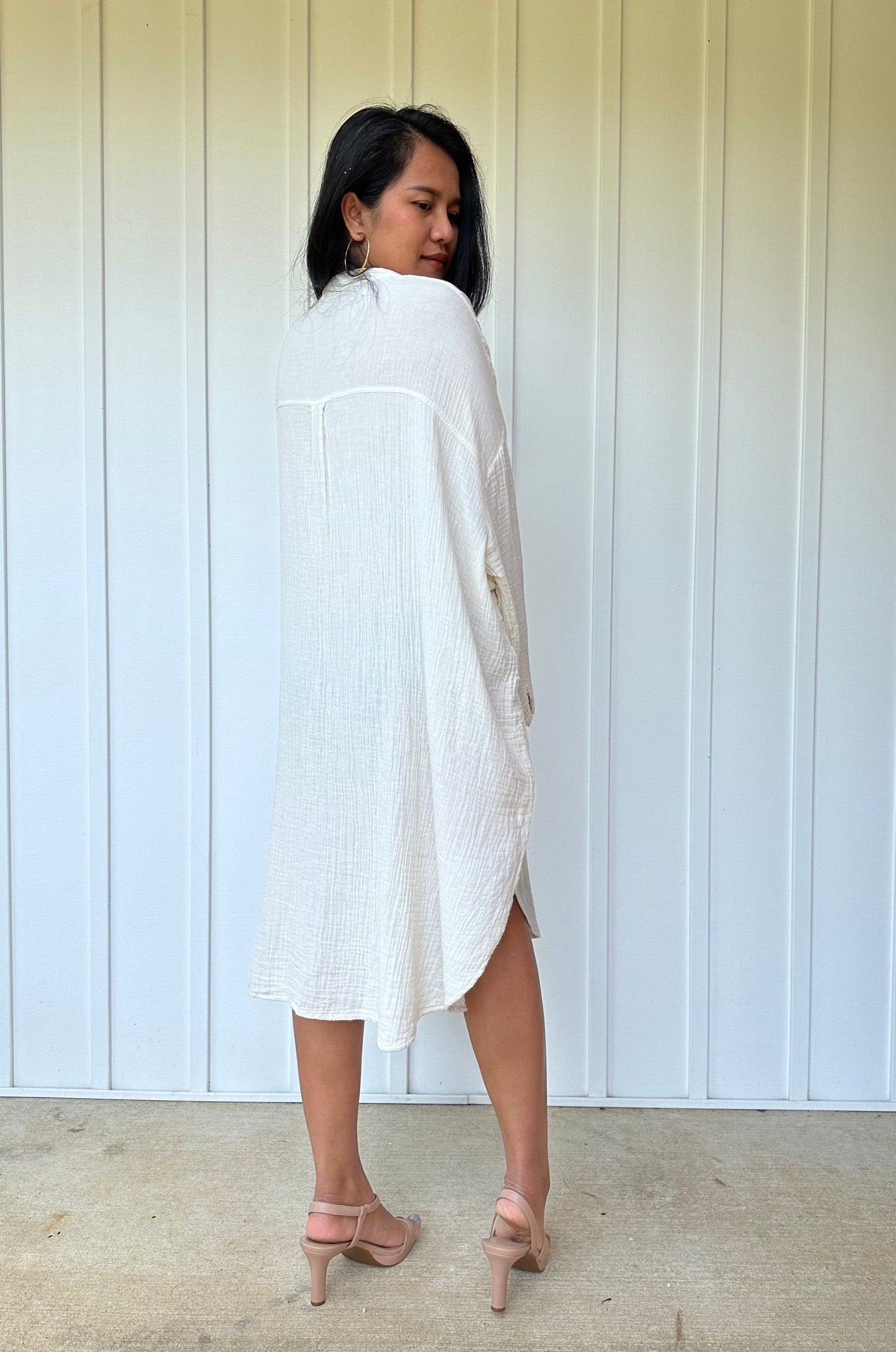 MALA handworks Aura Double Gauze Cotton Midi Shirt Dress in White