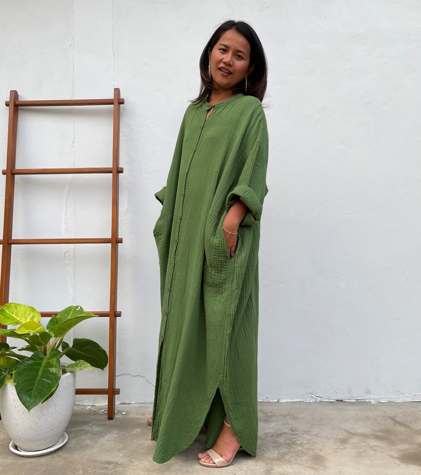 MALA handworks Aura Double Gauze Cotton Shirt Dress in Green