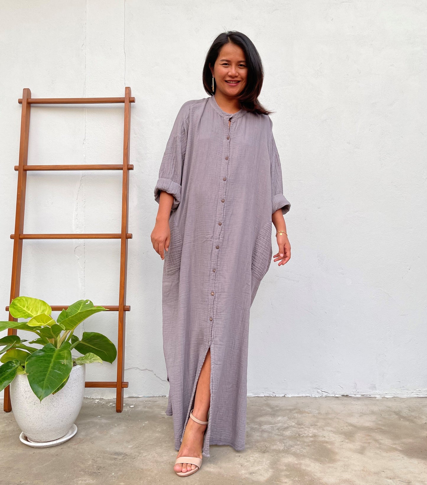 MALA handworks Aura Double Gauze Cotton Shirt Dress in Light Gray