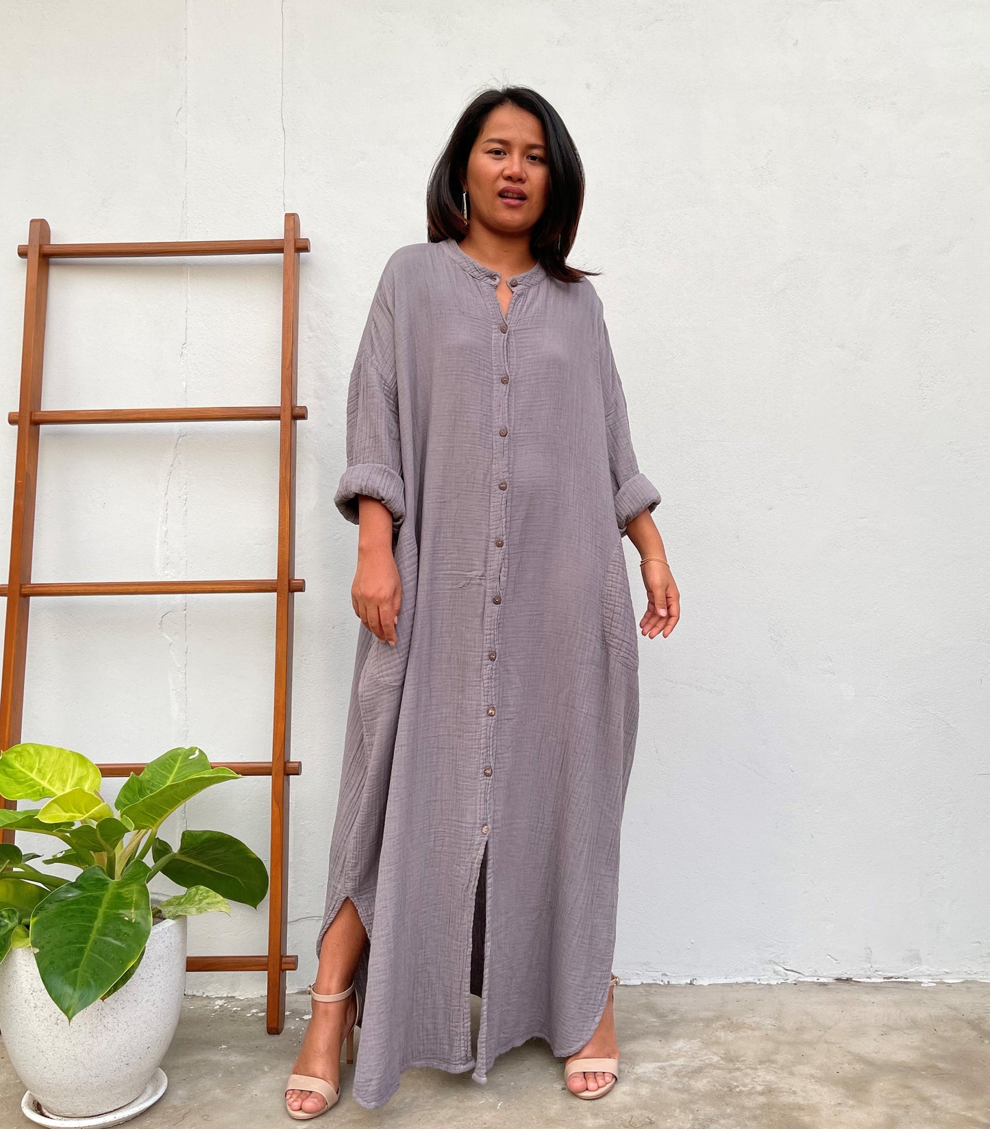 MALA handworks Aura Double Gauze Cotton Shirt Dress in Light Gray