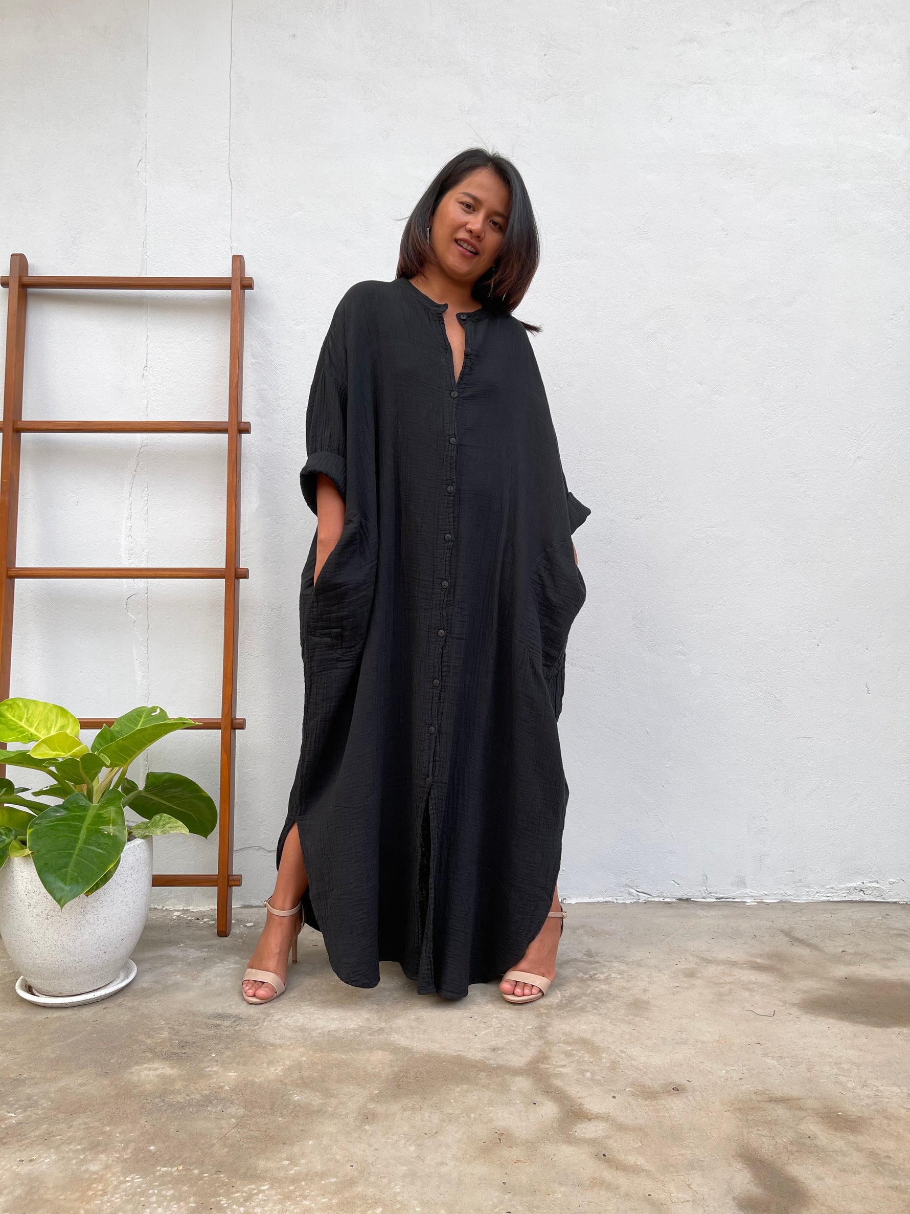 MALA handworks Aura Double Gauze Cotton Shirt Dress in PL-11 Black 8