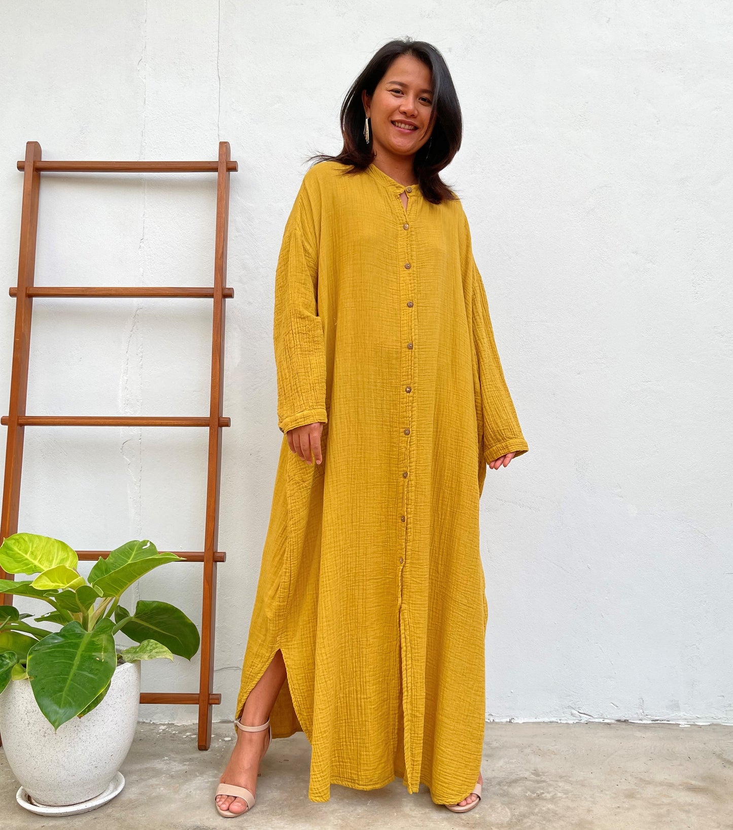 MALA handworks Aura Double Gauze Cotton Shirt Dress in Yellow Turmeric