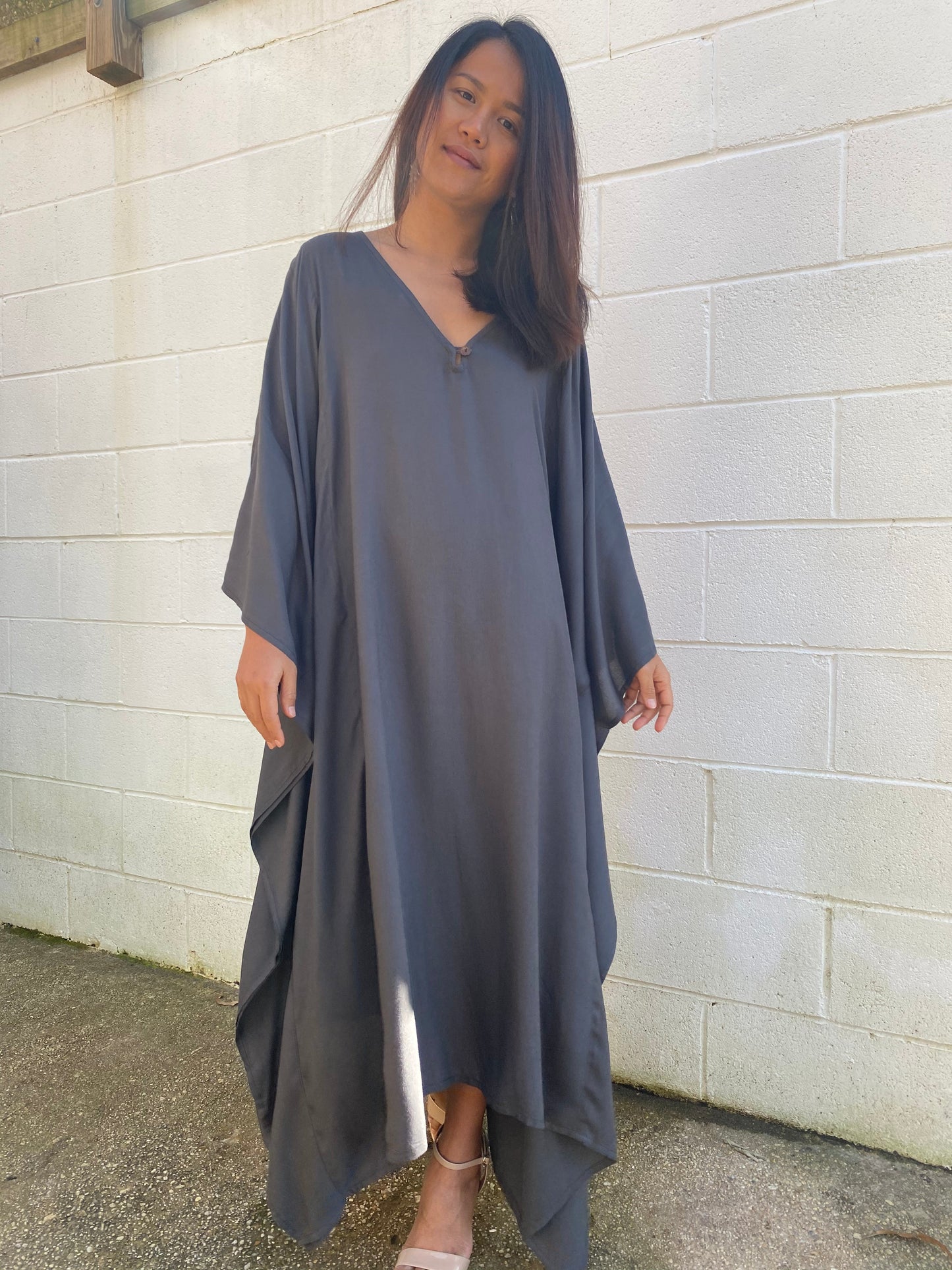 MALA handworks Bella Midi Kaftan in Dark Gray with front Button