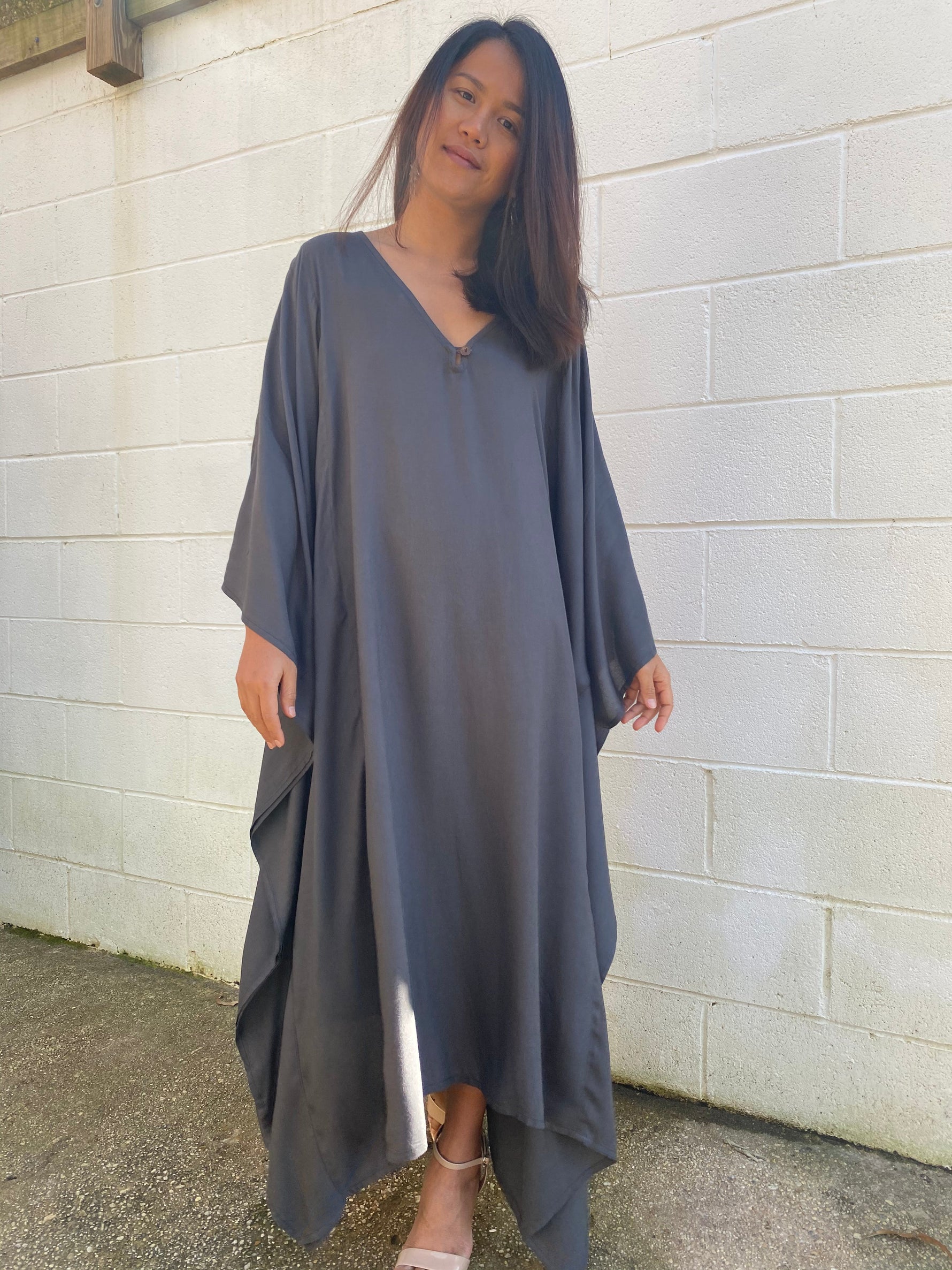 MALA handworks Bella Midi Kaftan in Dark Gray with front Button