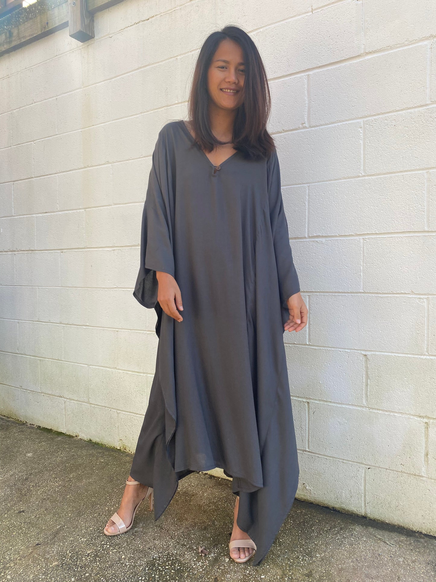 MALA handworks Bella Midi Kaftan in Dark Gray with front Button