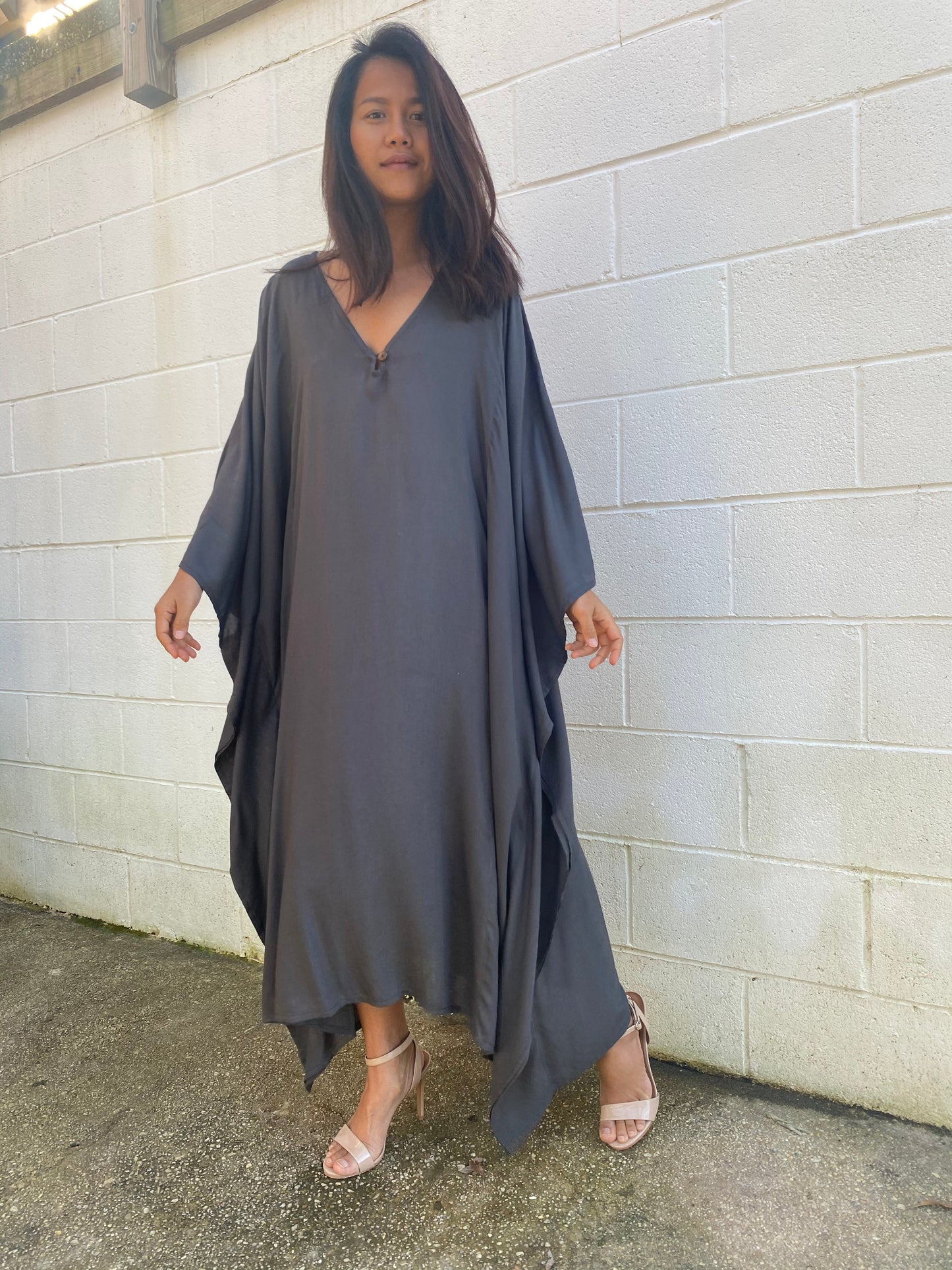 MALA handworks Bella Midi Kaftan in Dark Gray with front Button