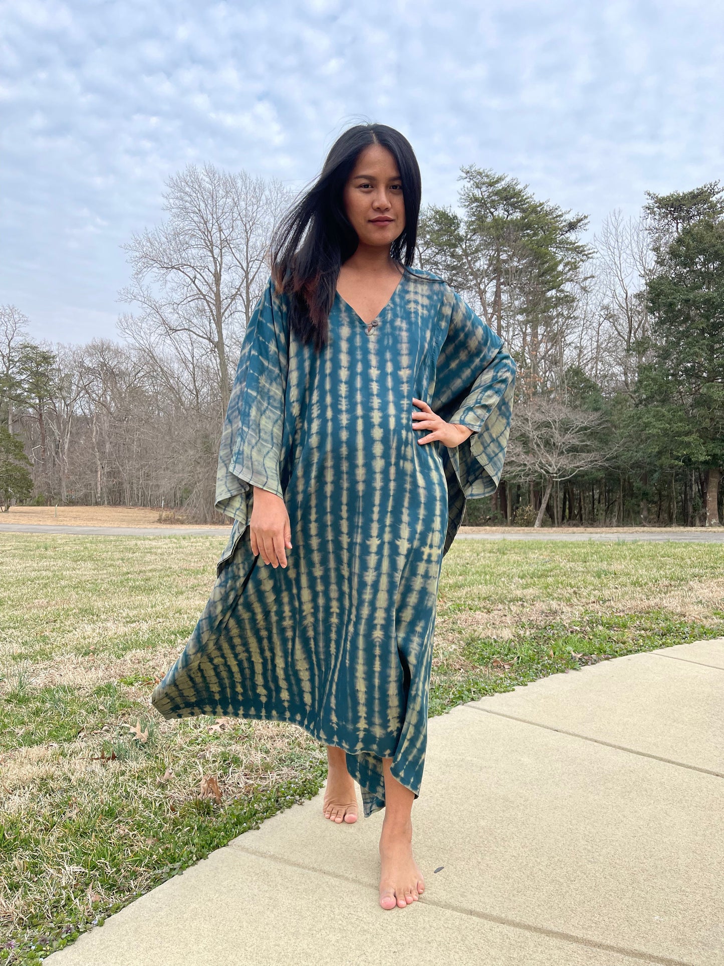 MALA handworks Bella Midi Kaftan in Green and Yellow Tie Dye with front Button