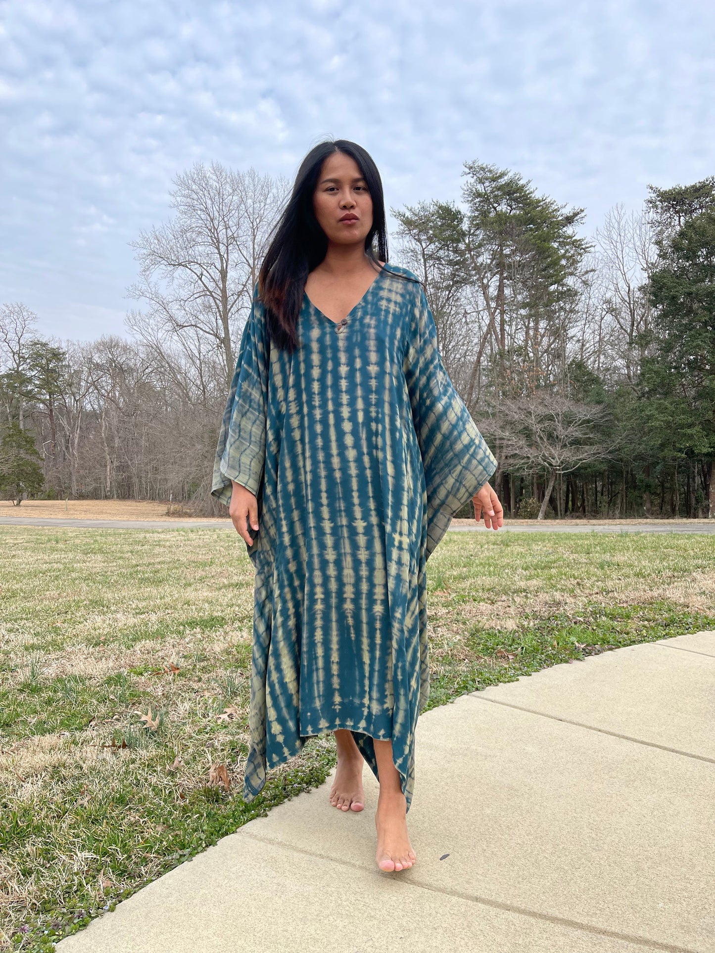 MALA handworks Bella Midi Kaftan in Green and Yellow Tie Dye with front Button