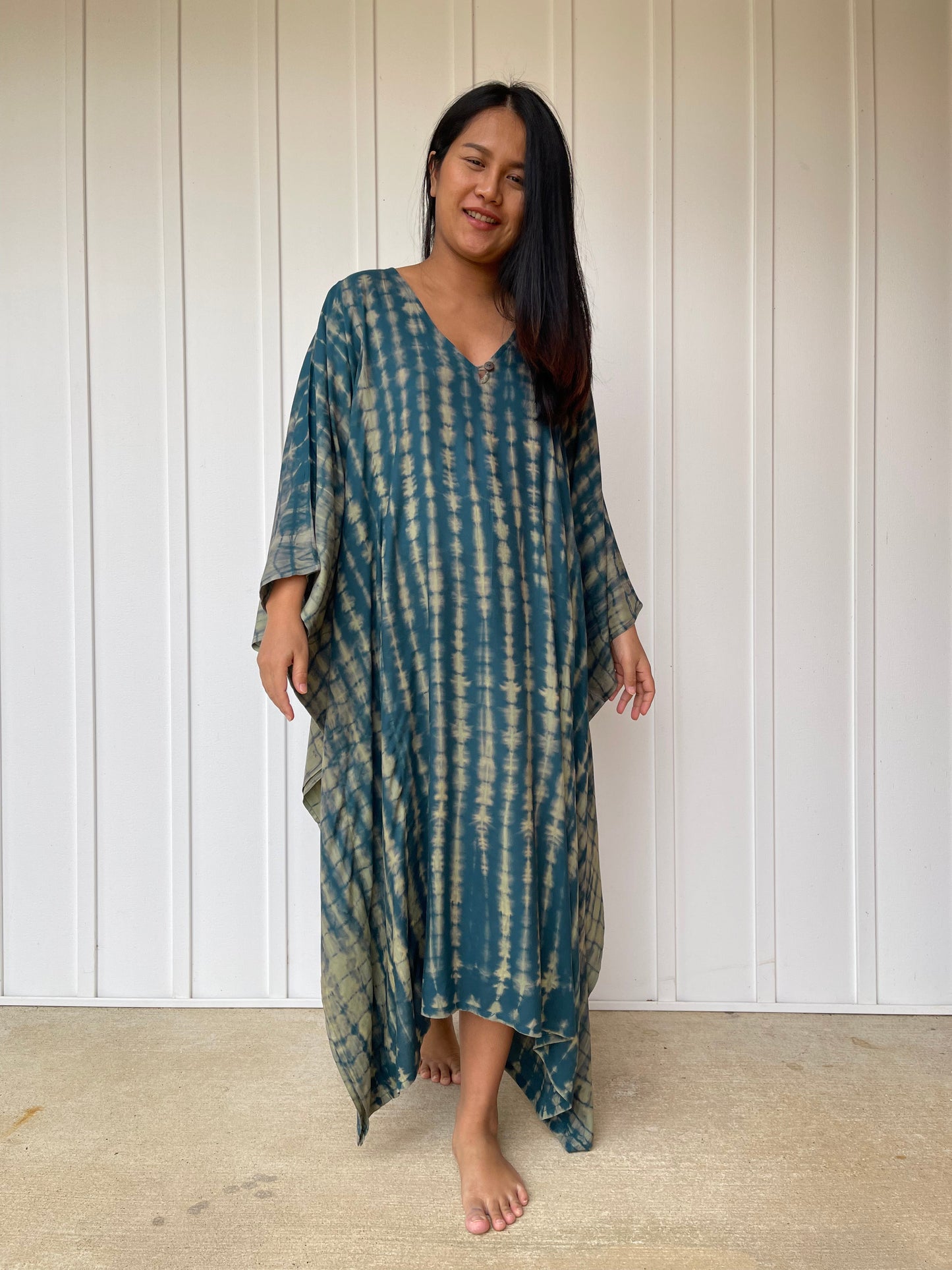 MALA handworks Bella Midi Kaftan in Green and Yellow Tie Dye with front Button